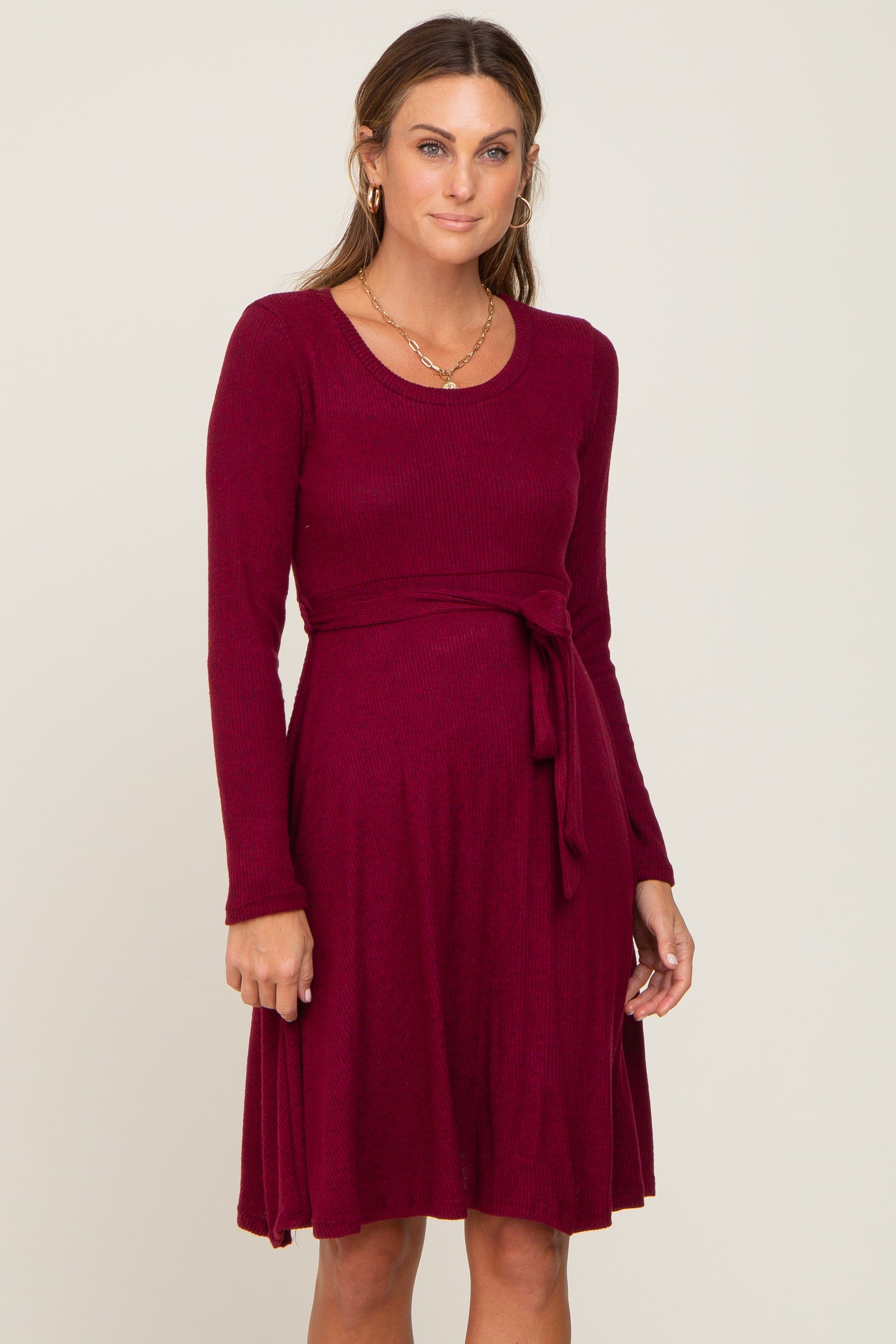 Burgundy Soft Rib Knit Sash Tie Dress sold by Pinkblush product image thumbnail 2