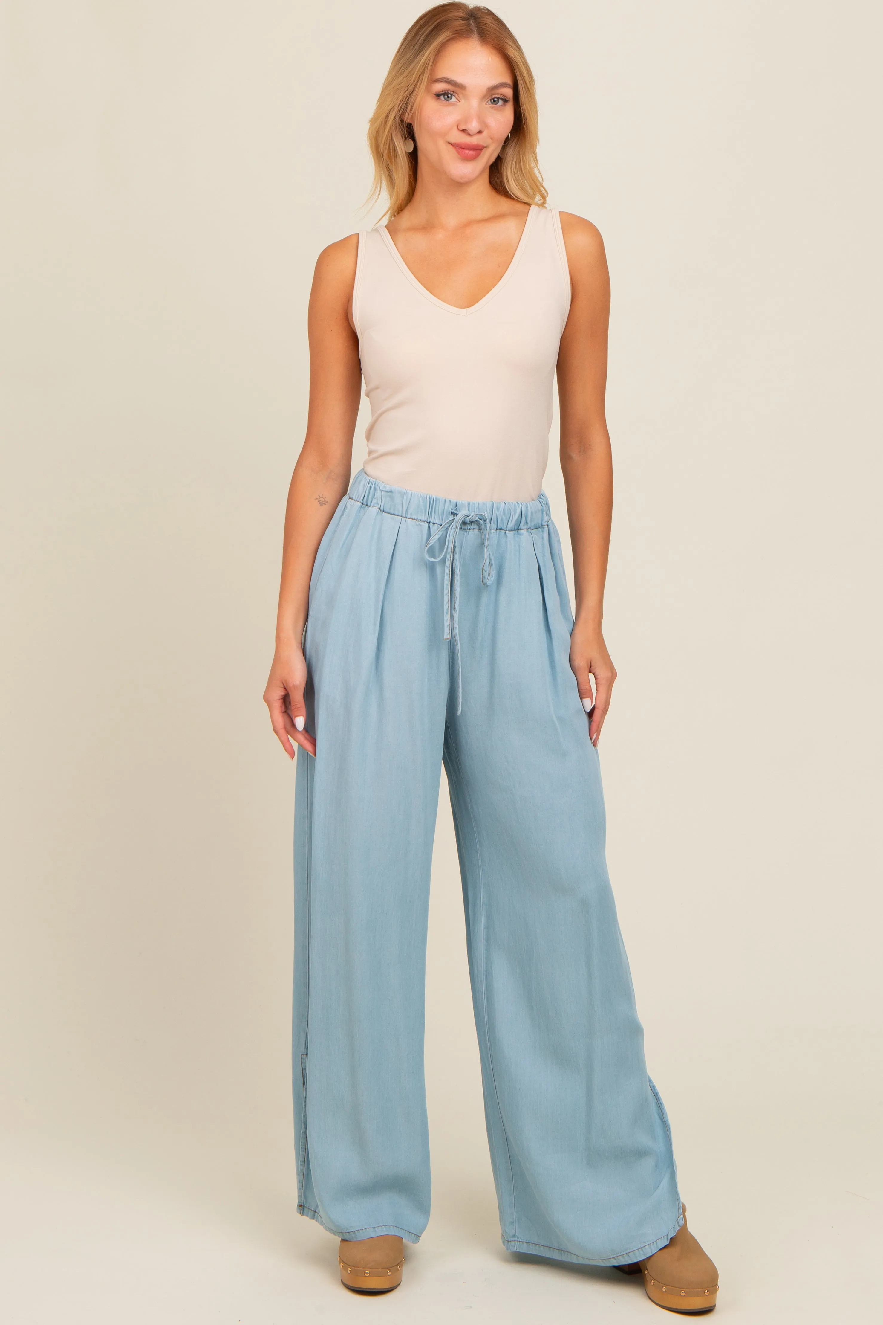 Light Blue Chambray Wide Leg Drawstring Pants sold by Pinkblush
