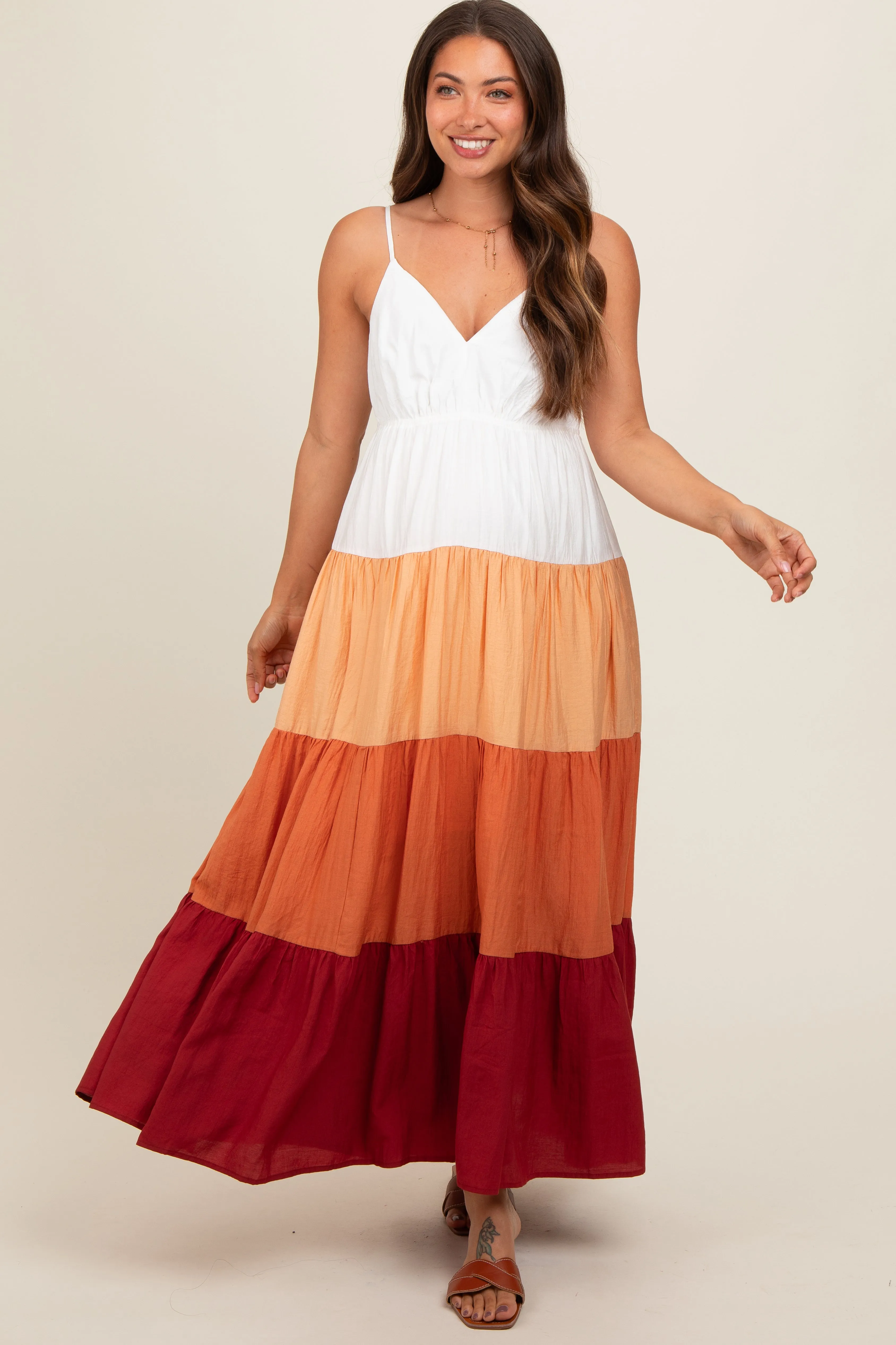 Peach V-Neck Tiered Color Block Maternity Midi Dress sold by Pinkblush