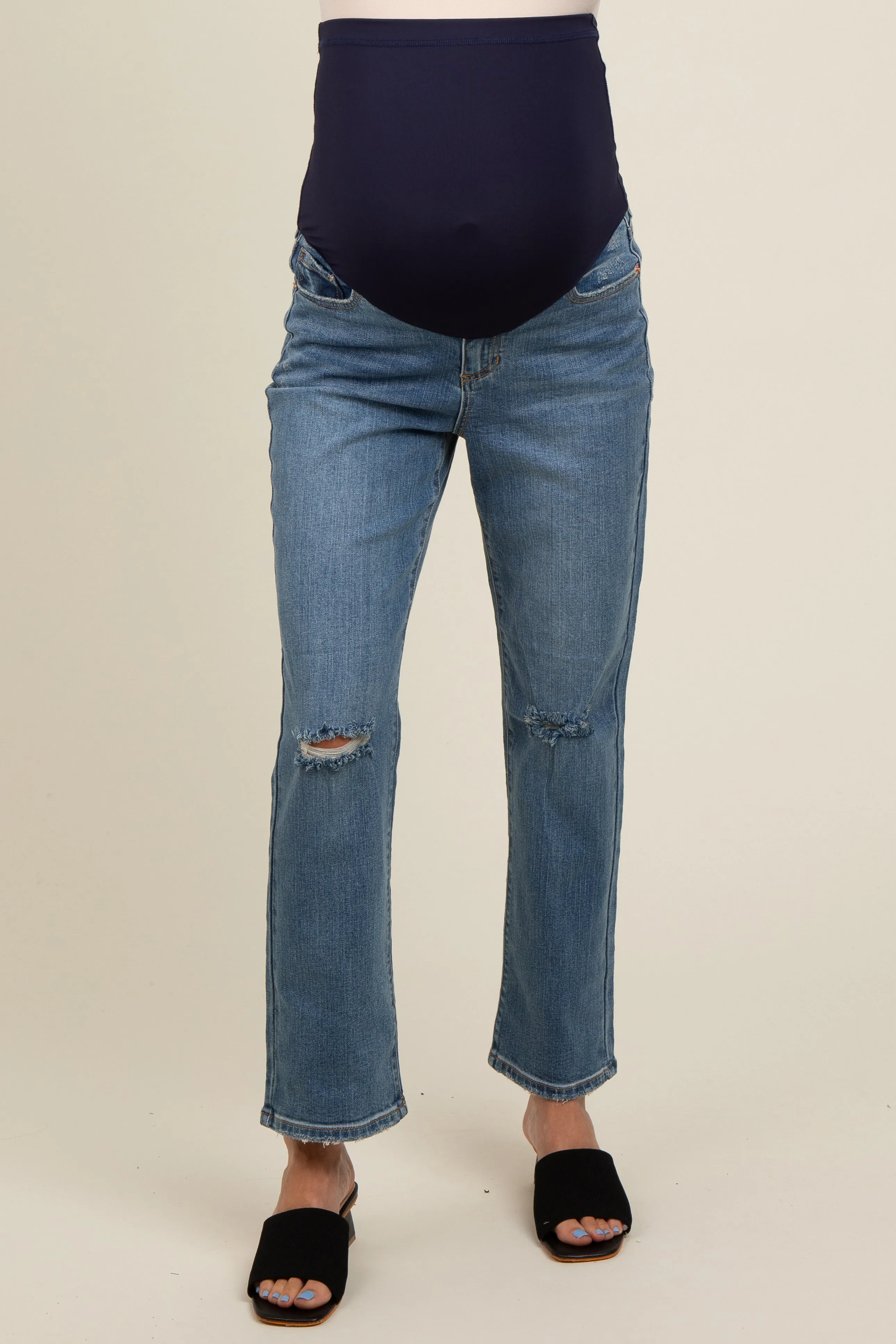 Blue Distressed Knee Straight Leg Maternity Jeans sold by Pinkblush product image thumbnail 3