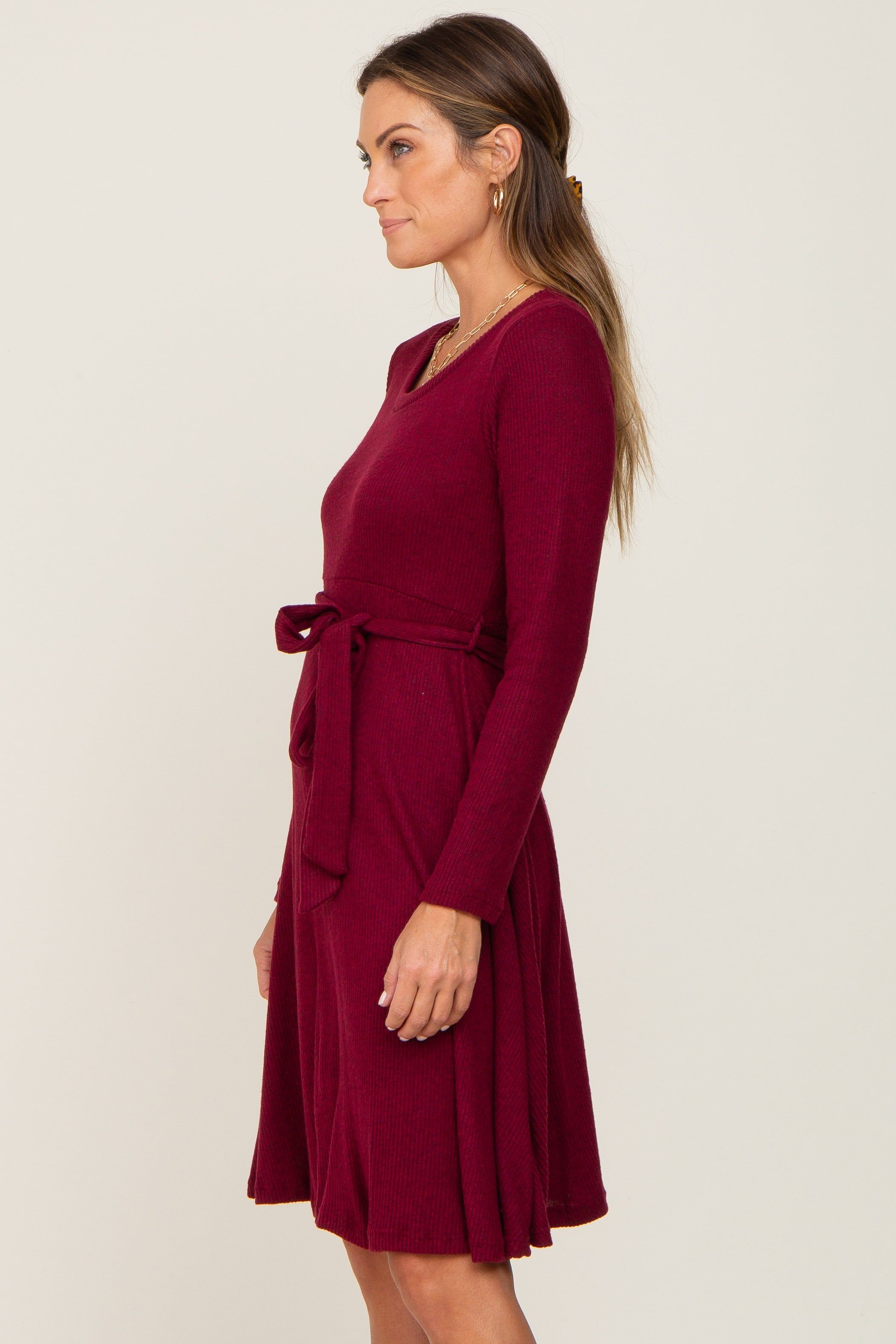 Burgundy Soft Rib Knit Sash Tie Dress sold by Pinkblush product image thumbnail 3