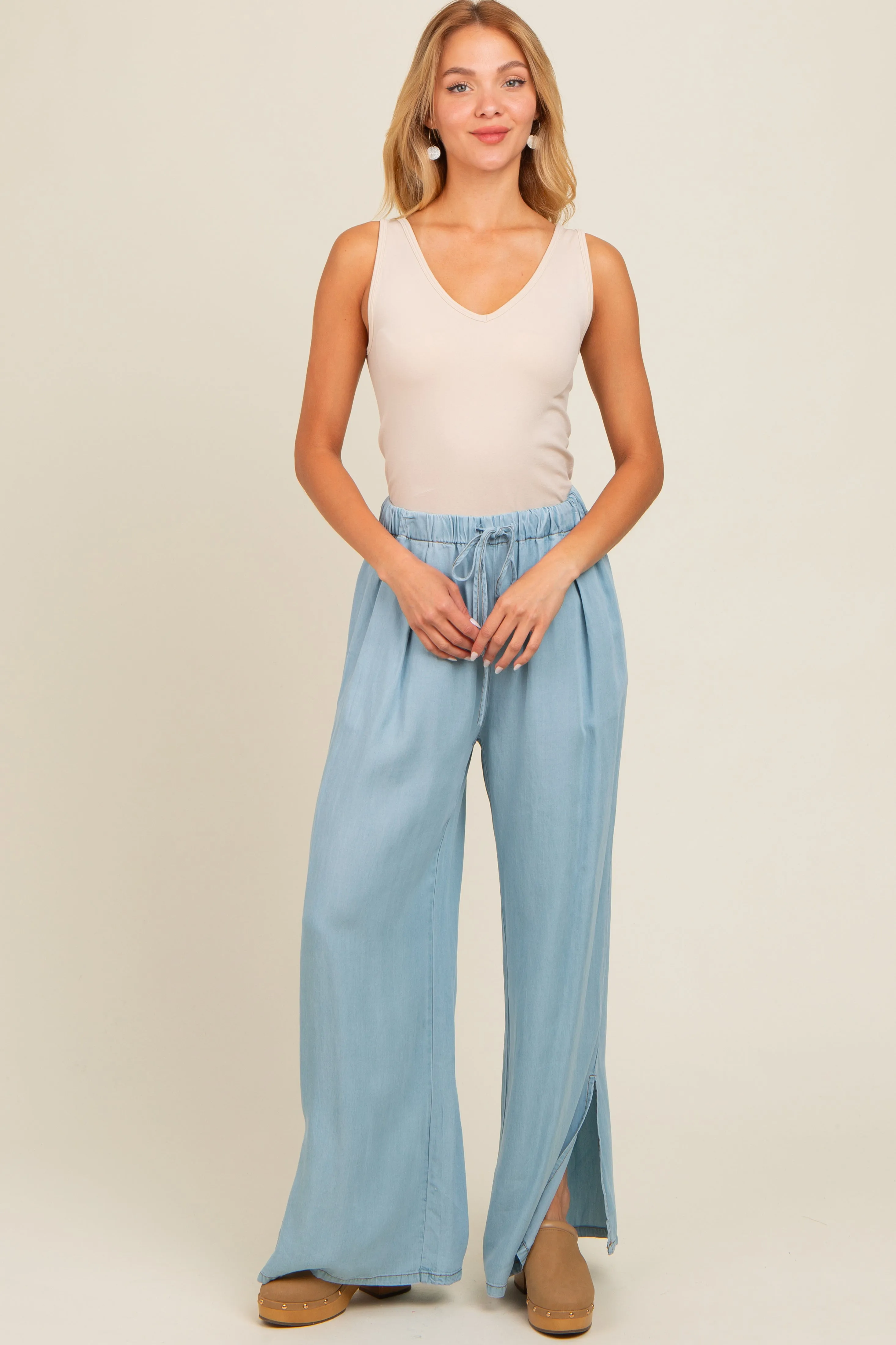 Light Blue Chambray Wide Leg Drawstring Pants sold by Pinkblush product image thumbnail 2