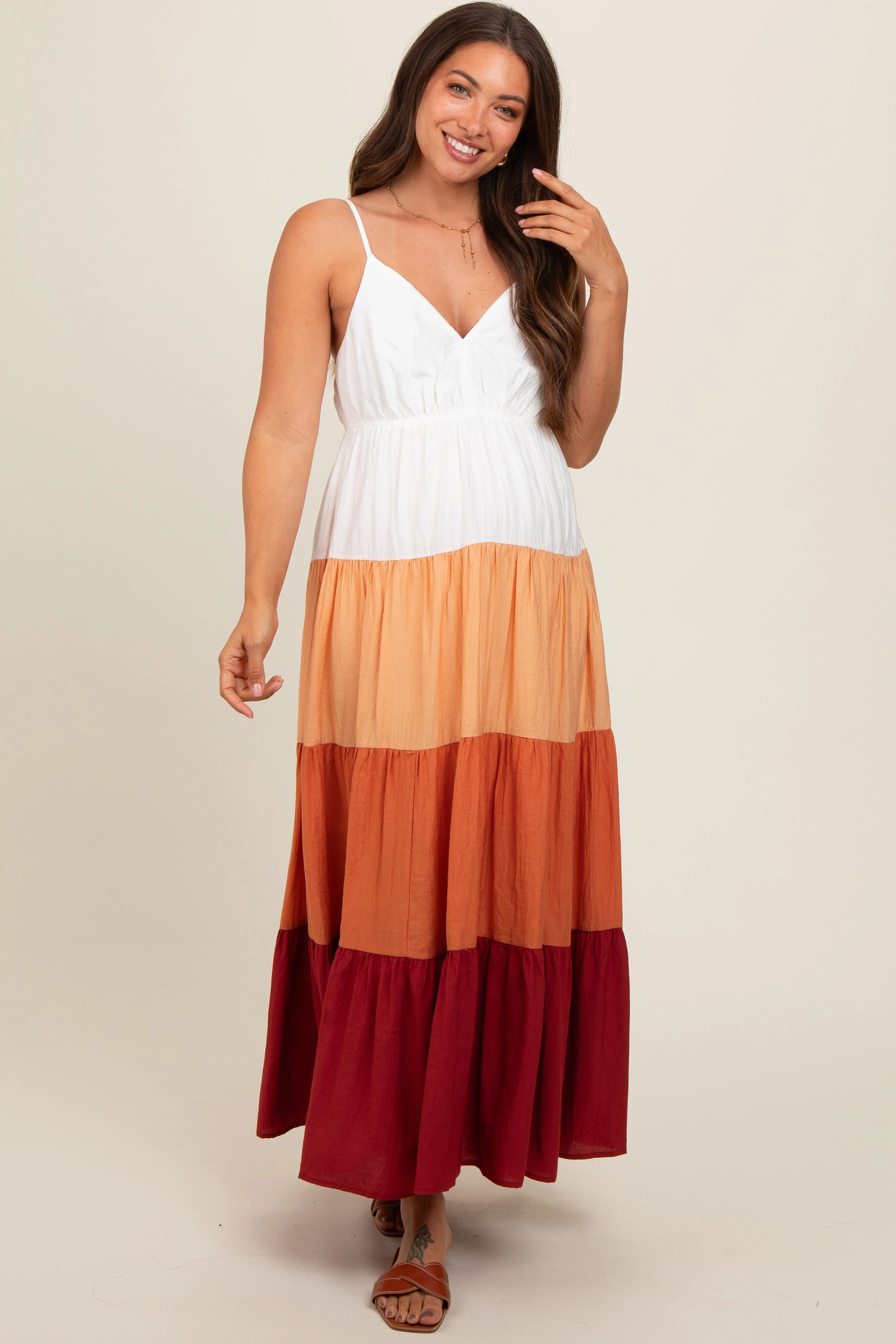Peach V-Neck Tiered Color Block Maternity Midi Dress sold by Pinkblush product image thumbnail 2