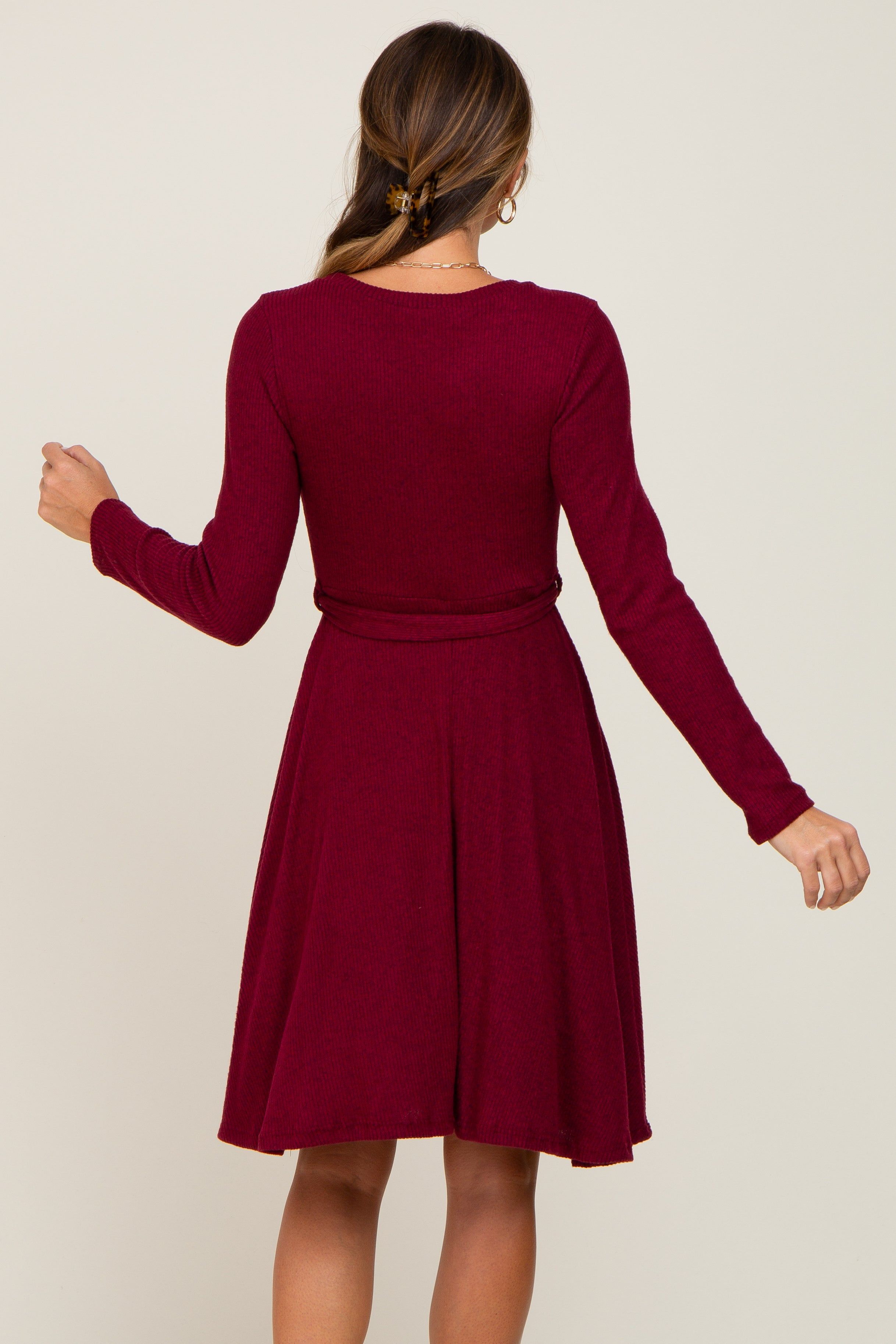 Burgundy Soft Rib Knit Sash Tie Dress sold by Pinkblush product image thumbnail 4