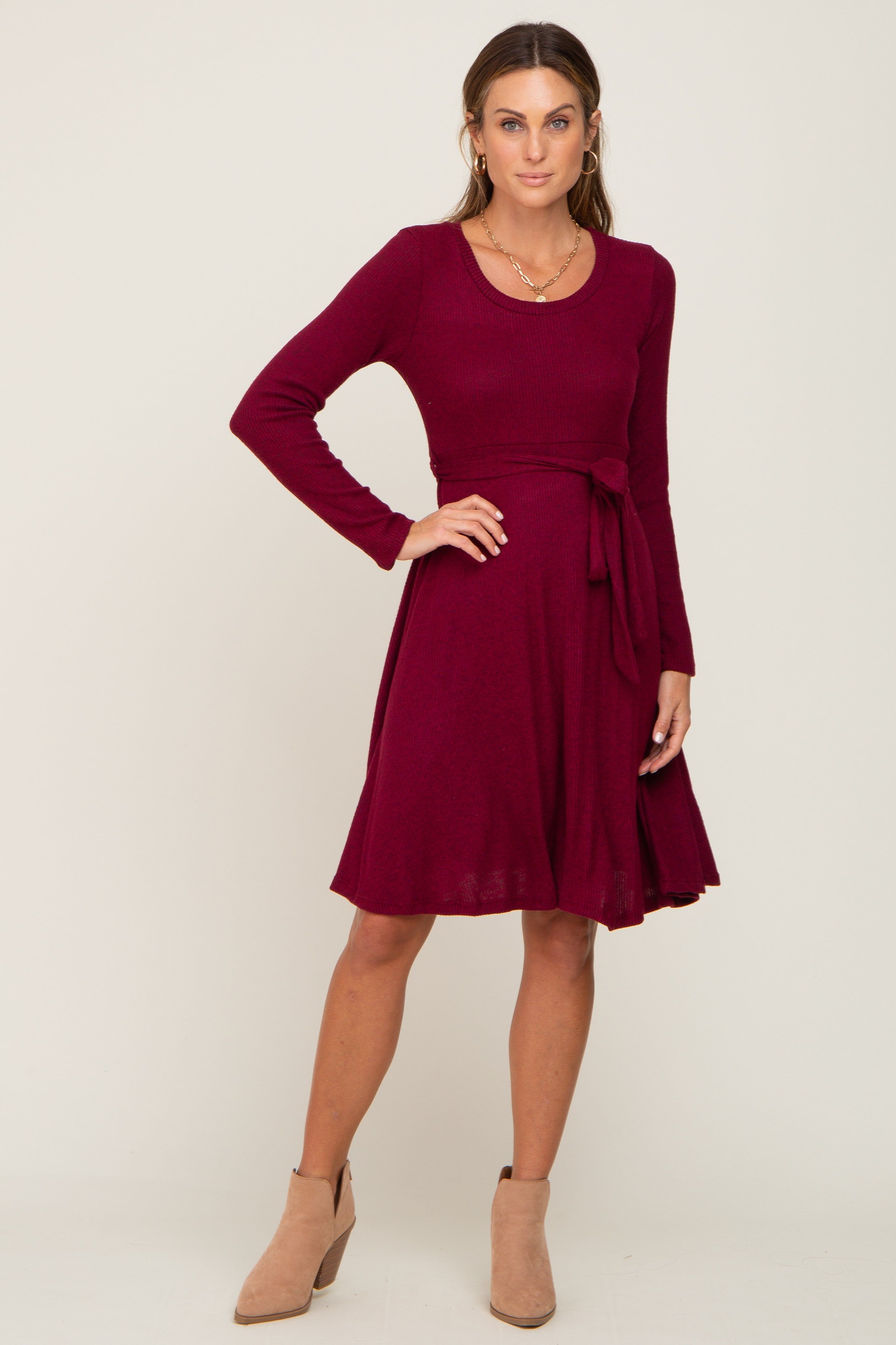 Burgundy Soft Rib Knit Sash Tie Dress sold by Pinkblush