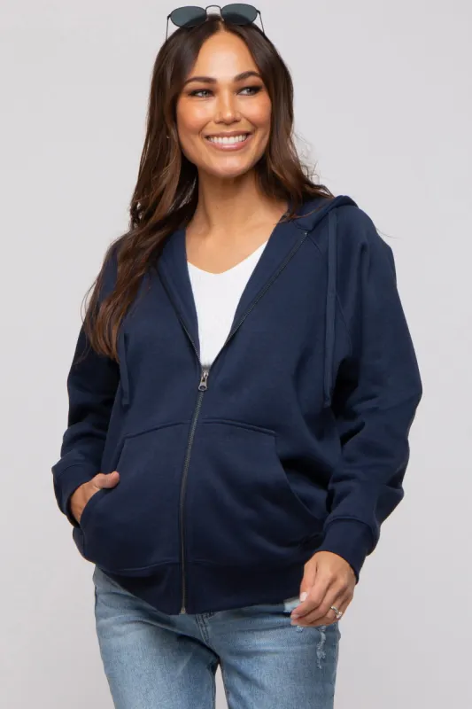 Navy Front Zipper Hooded Maternity Sweater sold by Pinkblush