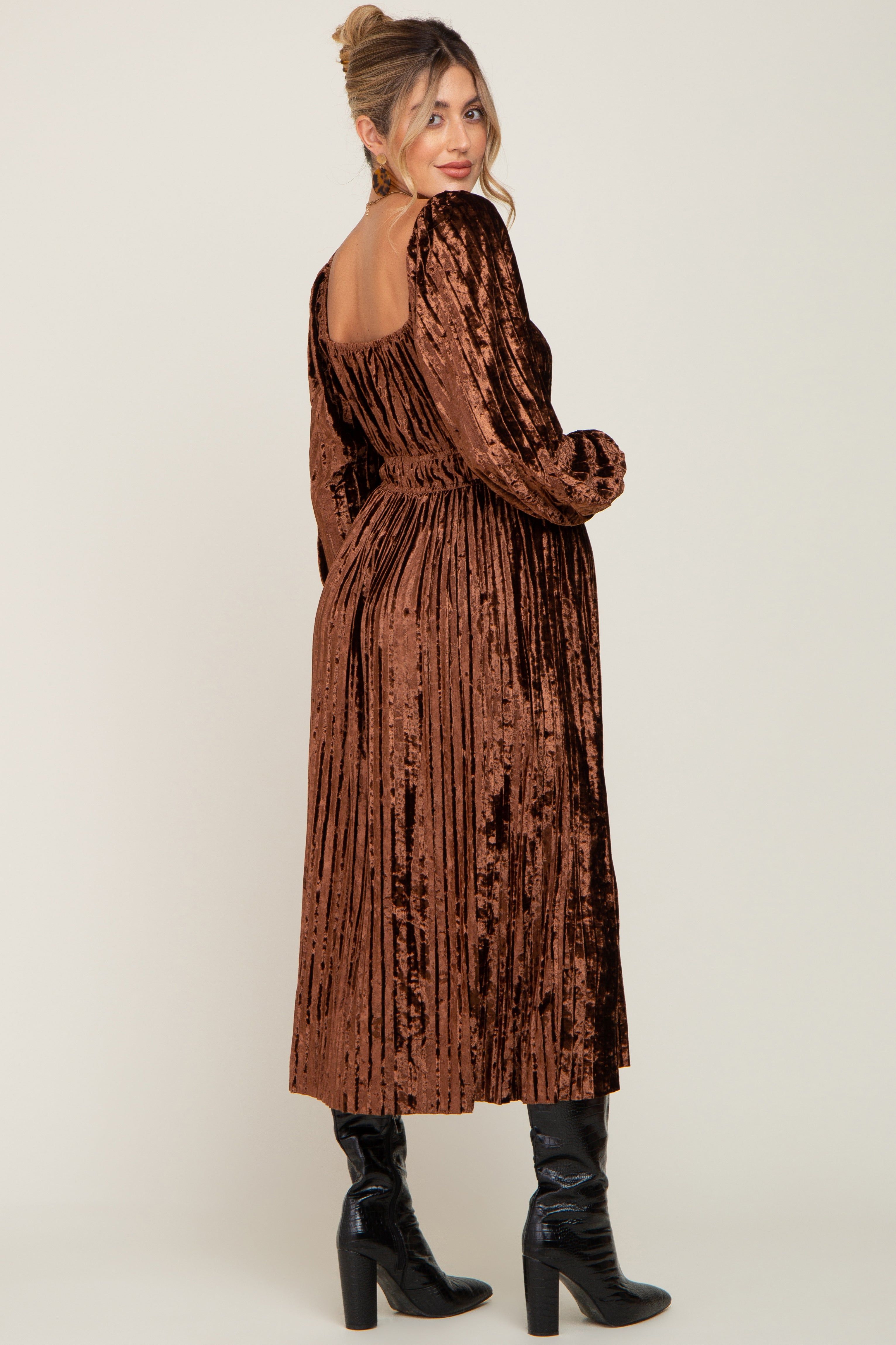 Brown Velvet Pleated Maternity Midi Dress sold by Pinkblush product image thumbnail 3