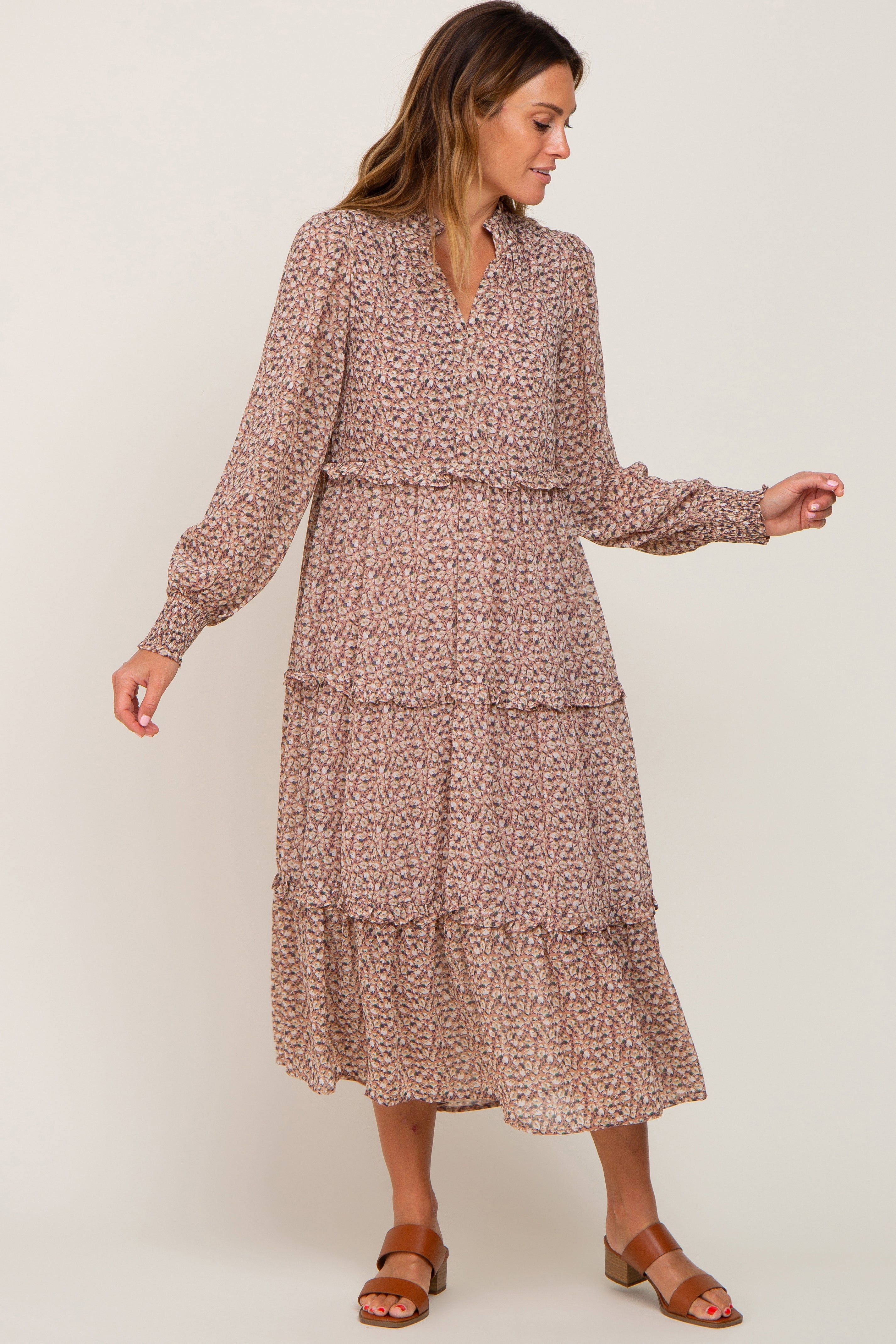 Mauve Floral Ruffle Tiered Midi Dress sold by Pinkblush