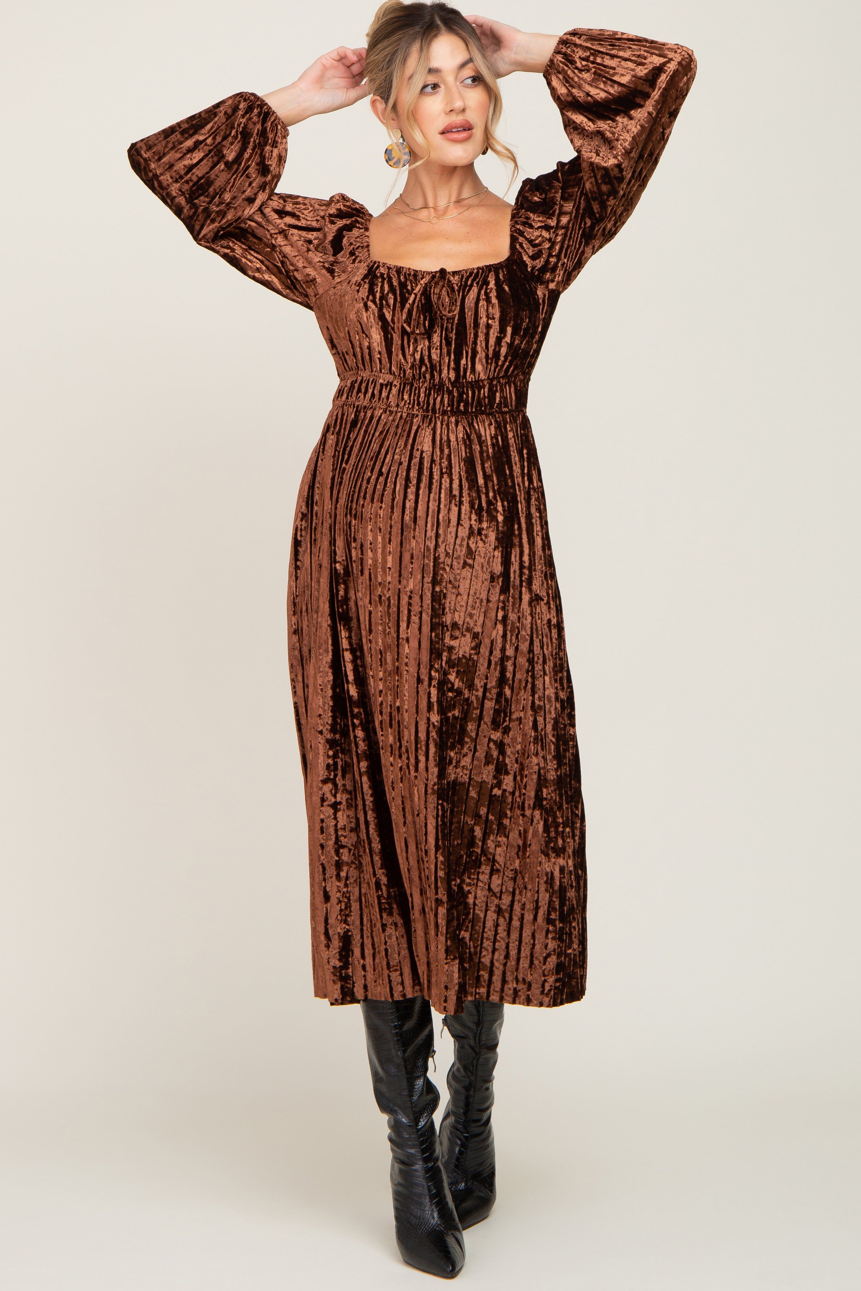 Brown Velvet Pleated Maternity Midi Dress sold by Pinkblush product image thumbnail 4