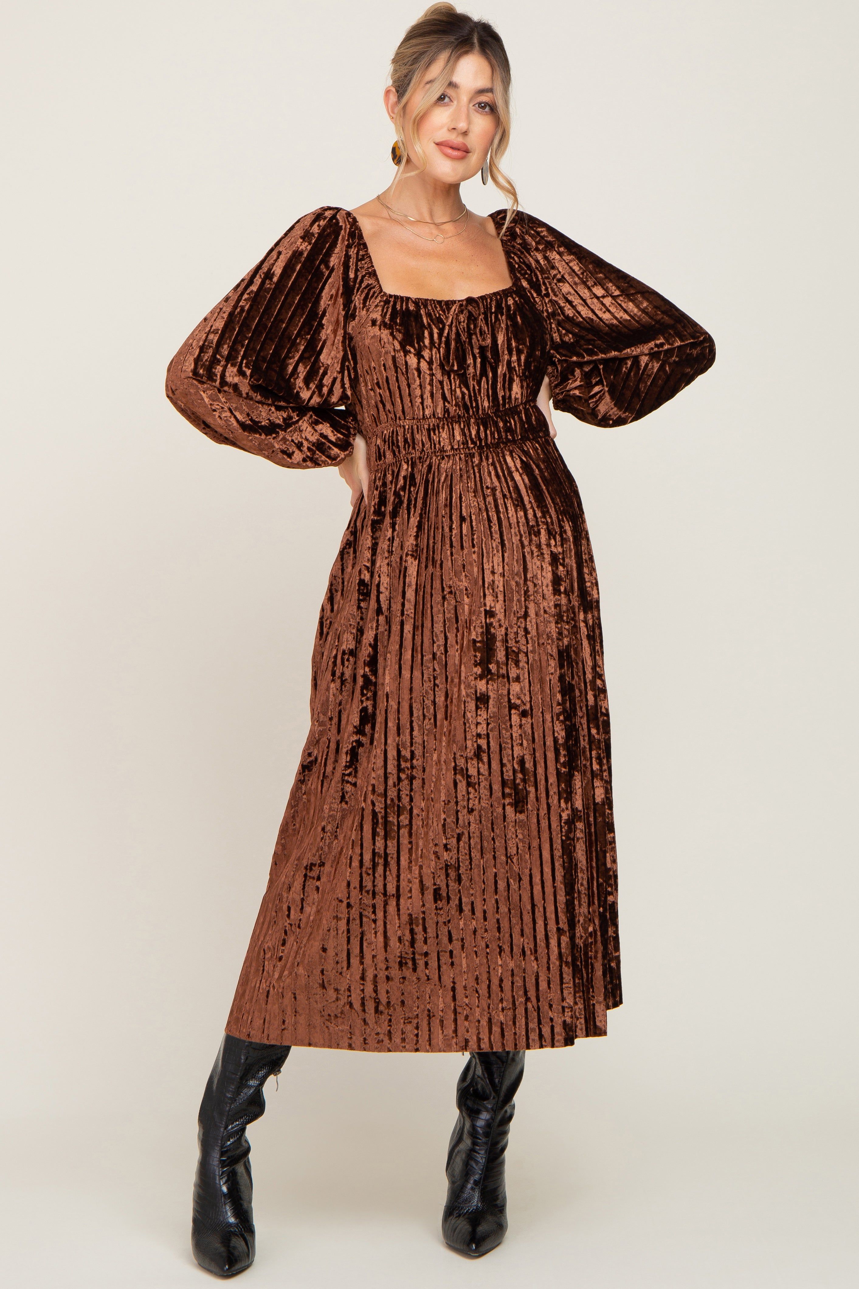 Brown Velvet Pleated Maternity Midi Dress sold by Pinkblush