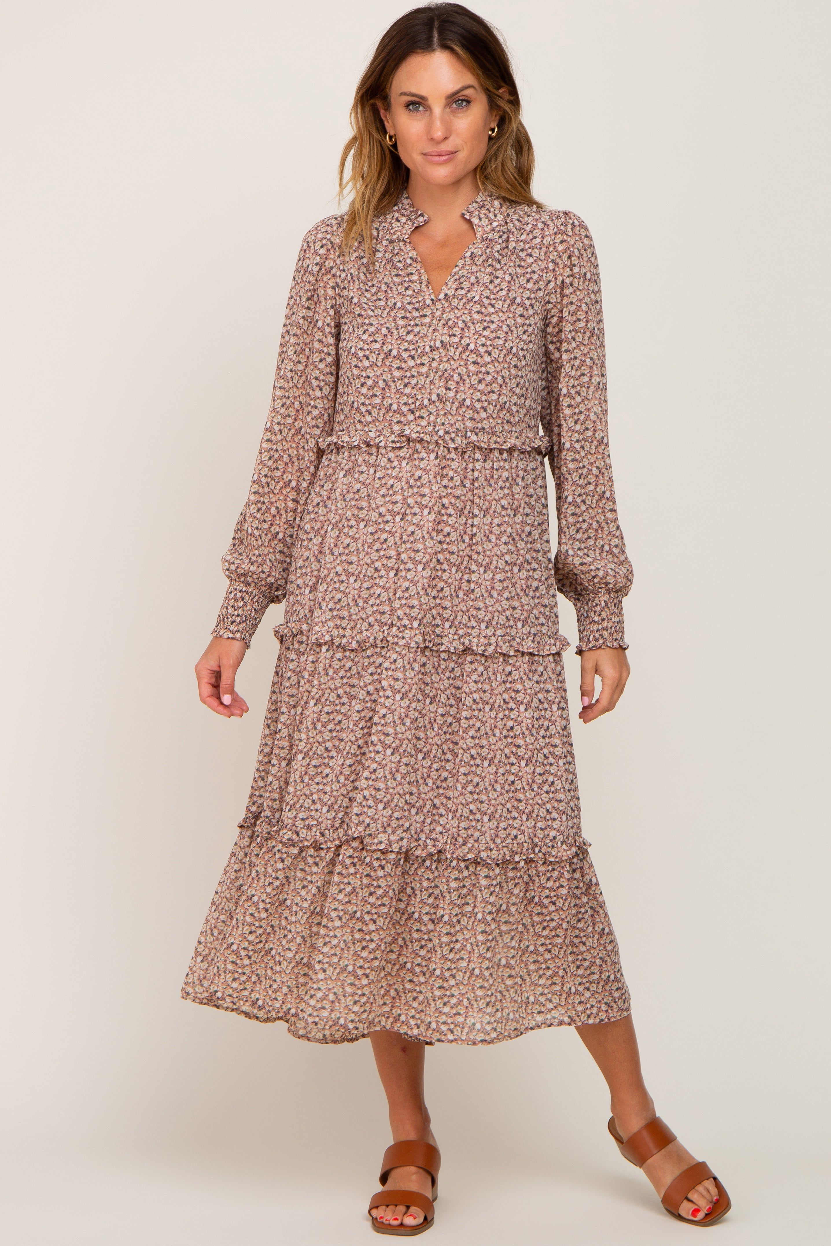 Mauve Floral Ruffle Tiered Midi Dress sold by Pinkblush product image thumbnail 5
