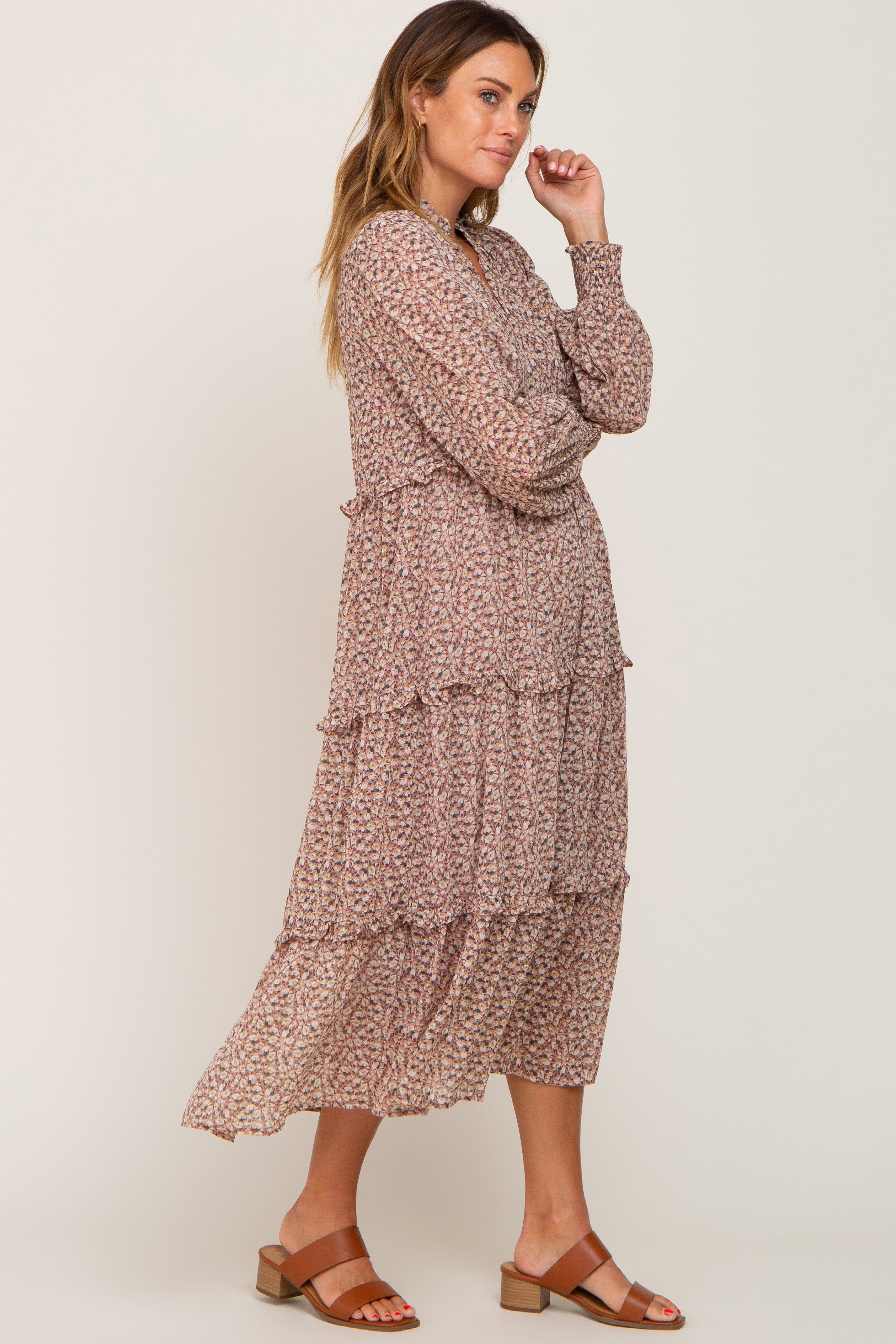 Mauve Floral Ruffle Tiered Midi Dress sold by Pinkblush product image thumbnail 2