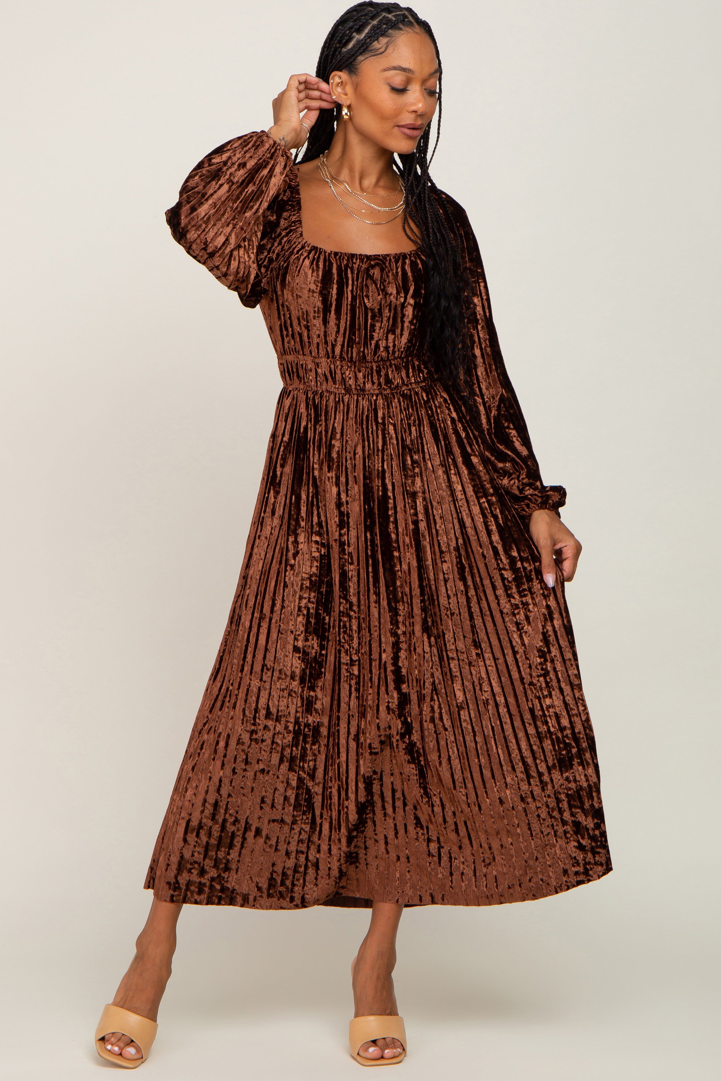 Brown Velvet Pleated Maternity Midi Dress sold by Pinkblush product image thumbnail 5