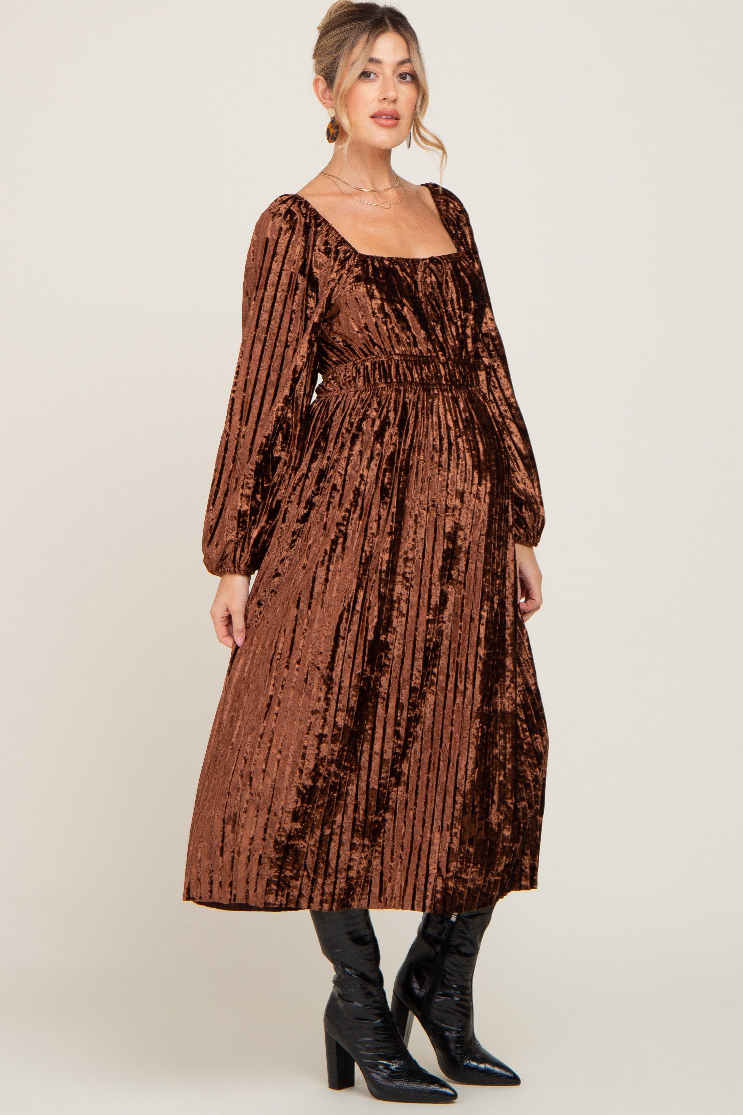 Brown Velvet Pleated Maternity Midi Dress sold by Pinkblush product image thumbnail 2