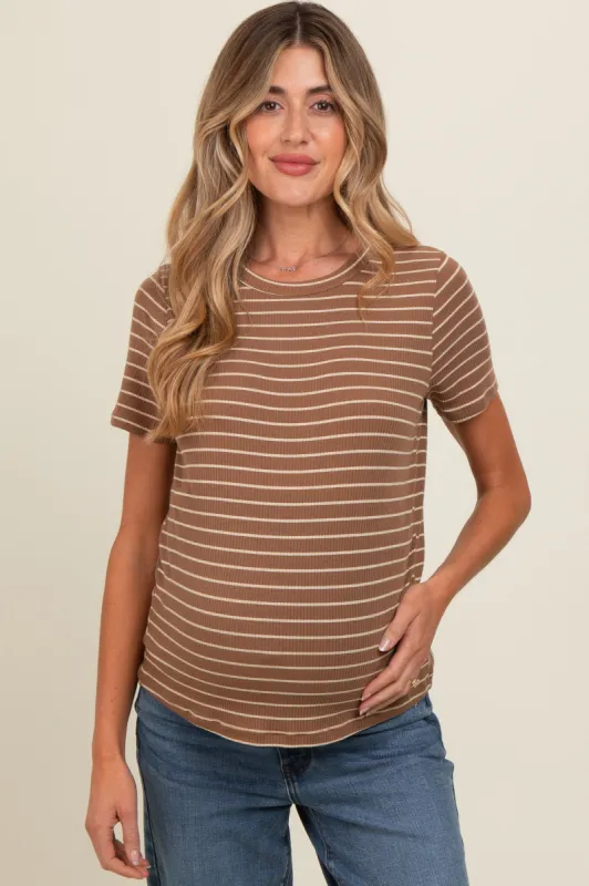 Brown Striped Short Sleeve Maternity Top sold by Pinkblush