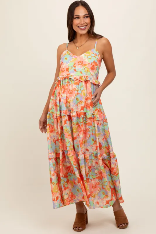 Multi-Color Floral Ruffle Tiered Sleeveless Maternity Midi Dress sold by Pinkblush