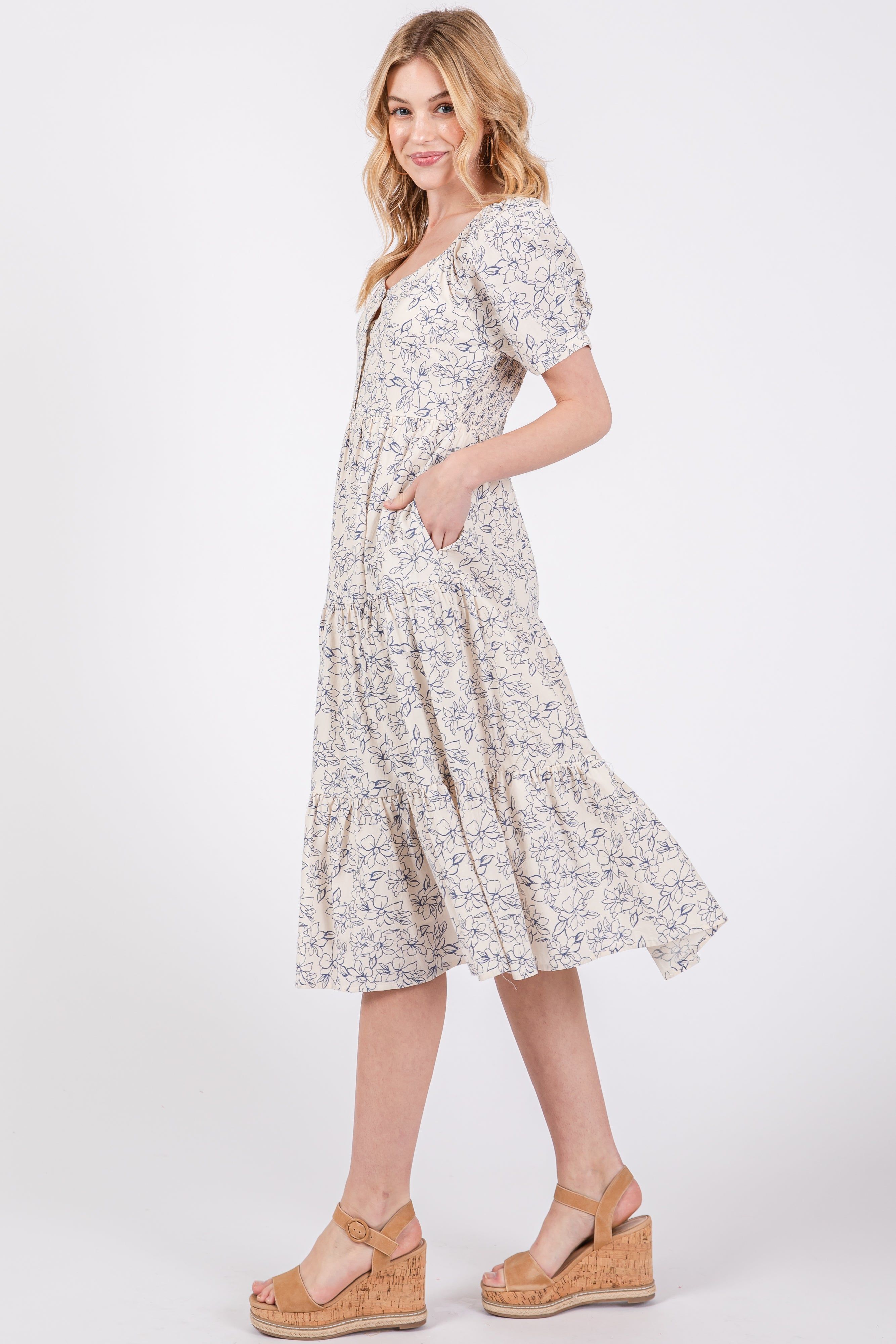 Blue Floral Square Neck Tiered Midi Dress sold by Pinkblush product image thumbnail 2
