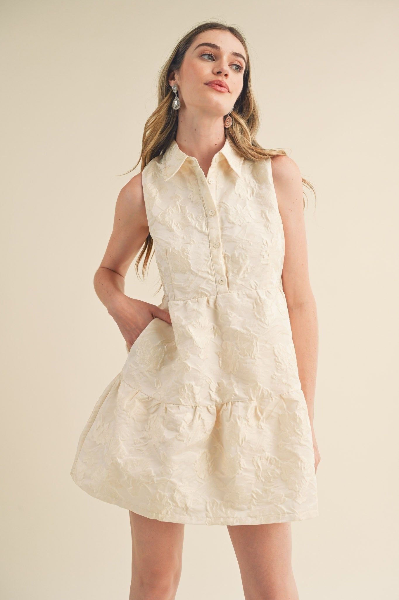 Egg Shell Floral Jacquard Sleeveless Mini Dress sold by Pinkblush