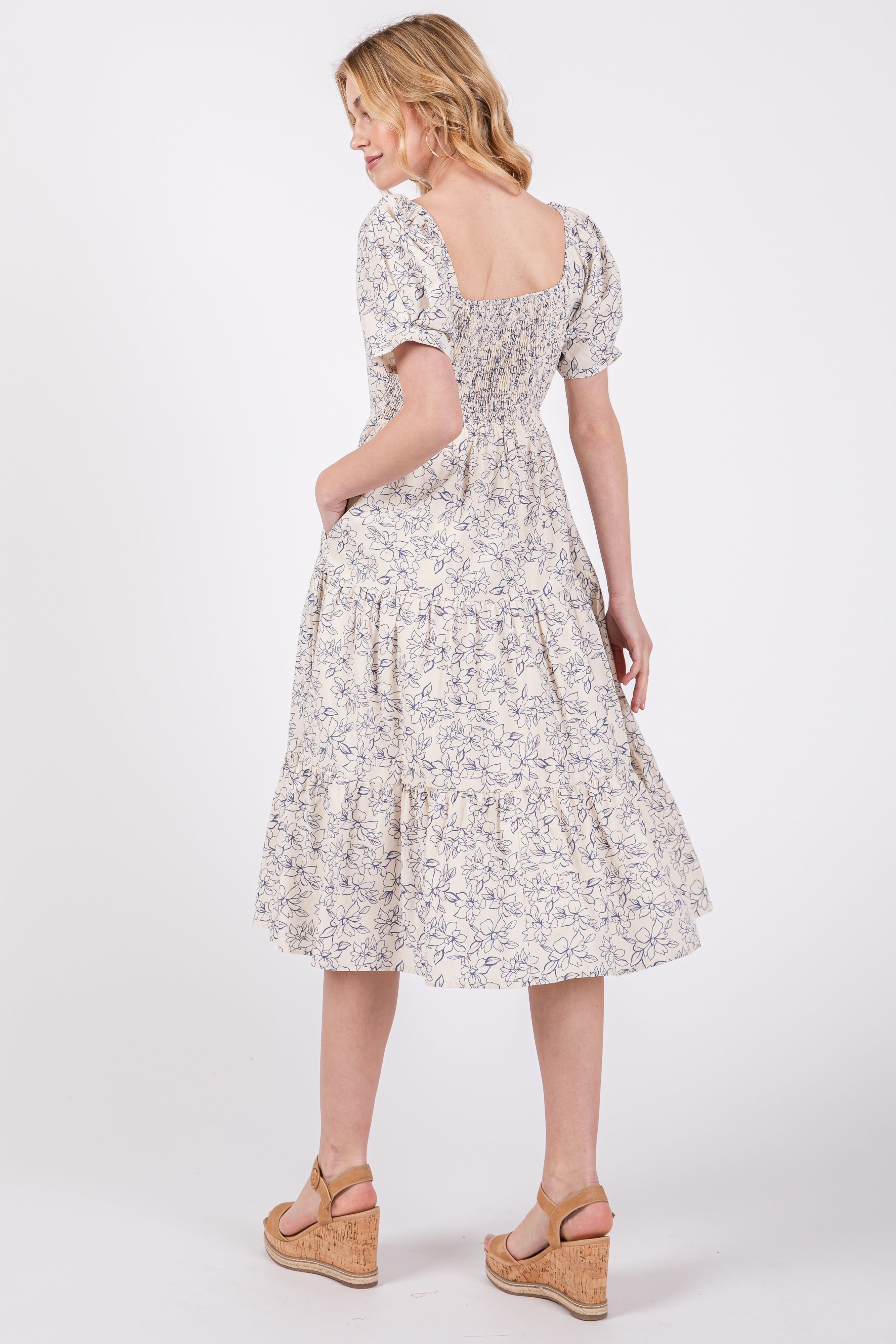 Blue Floral Square Neck Tiered Midi Dress sold by Pinkblush product image thumbnail 3