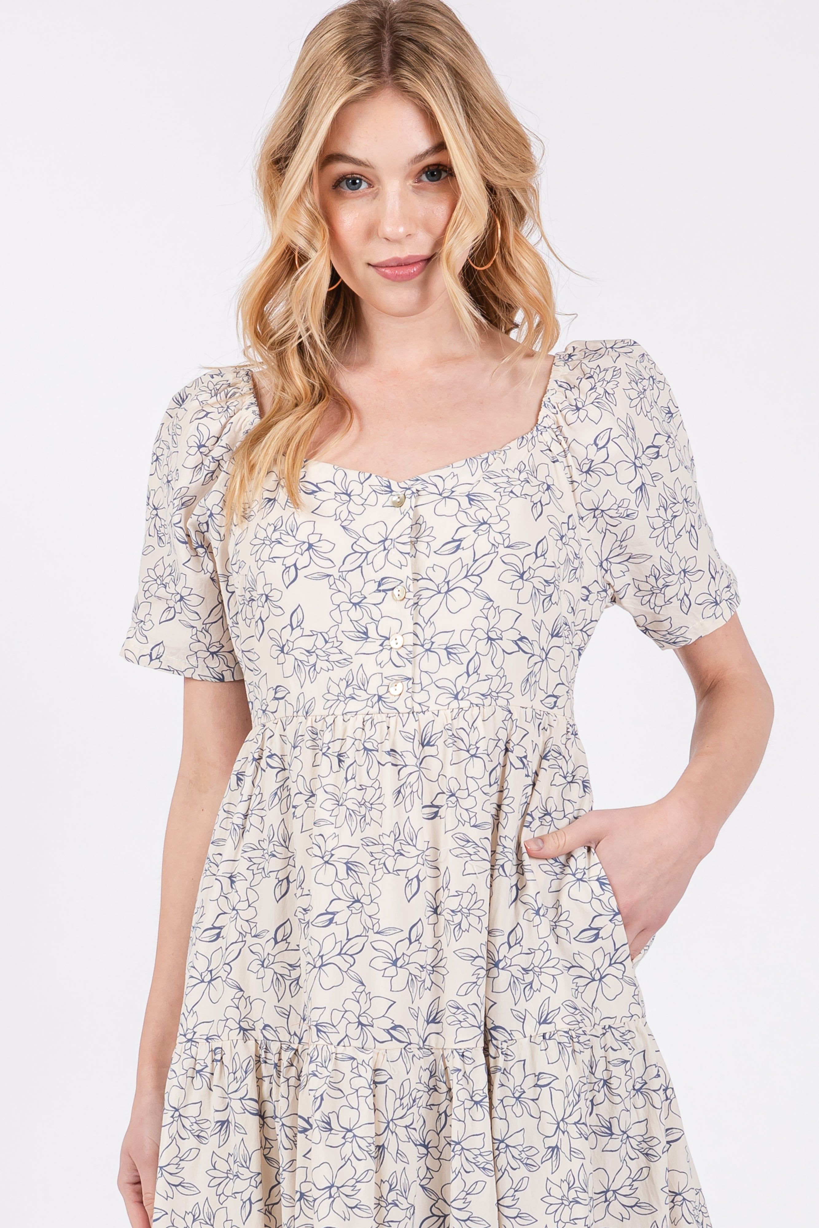 Blue Floral Square Neck Tiered Midi Dress sold by Pinkblush product image thumbnail 4