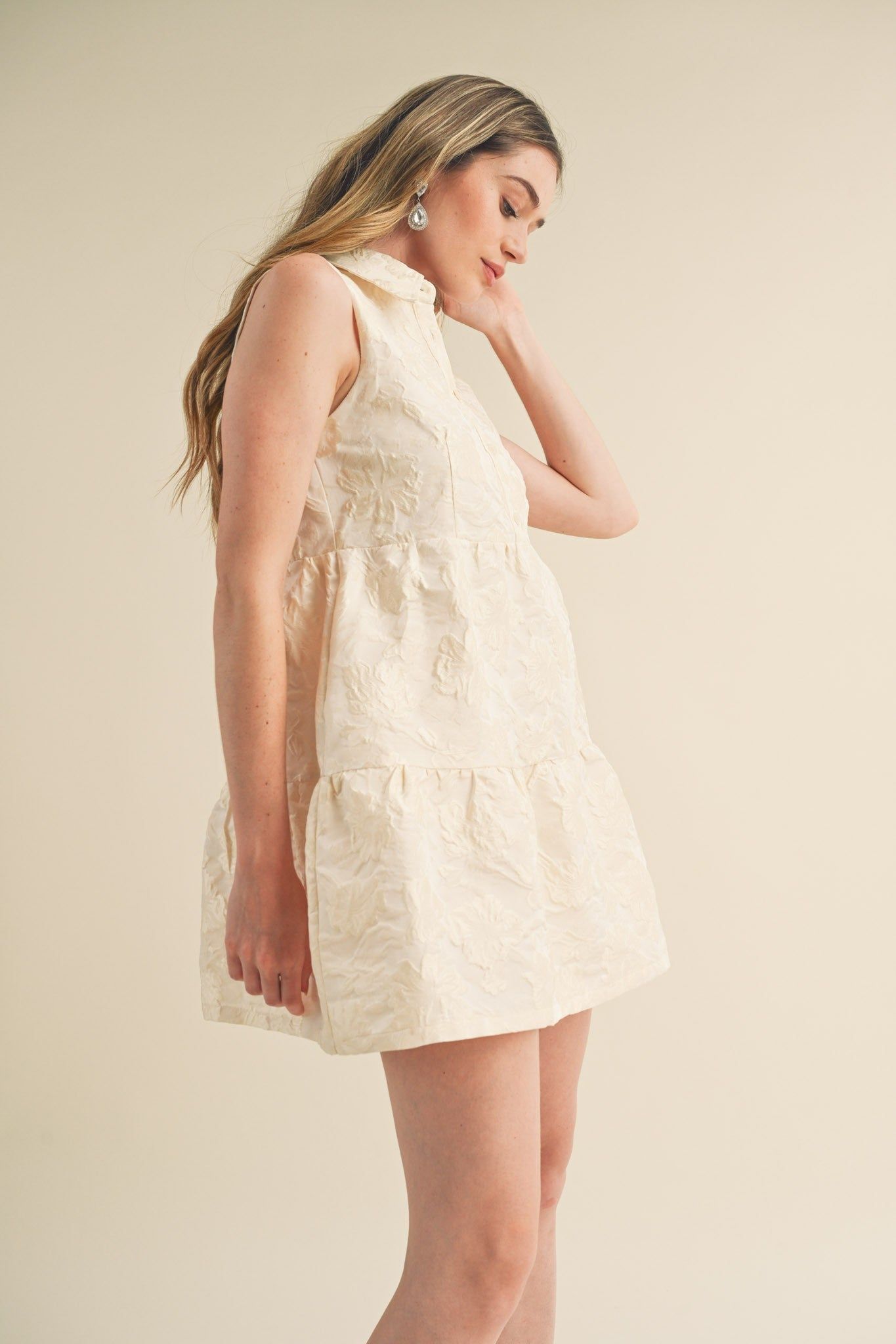 Egg Shell Floral Jacquard Sleeveless Mini Dress sold by Pinkblush product image thumbnail 3