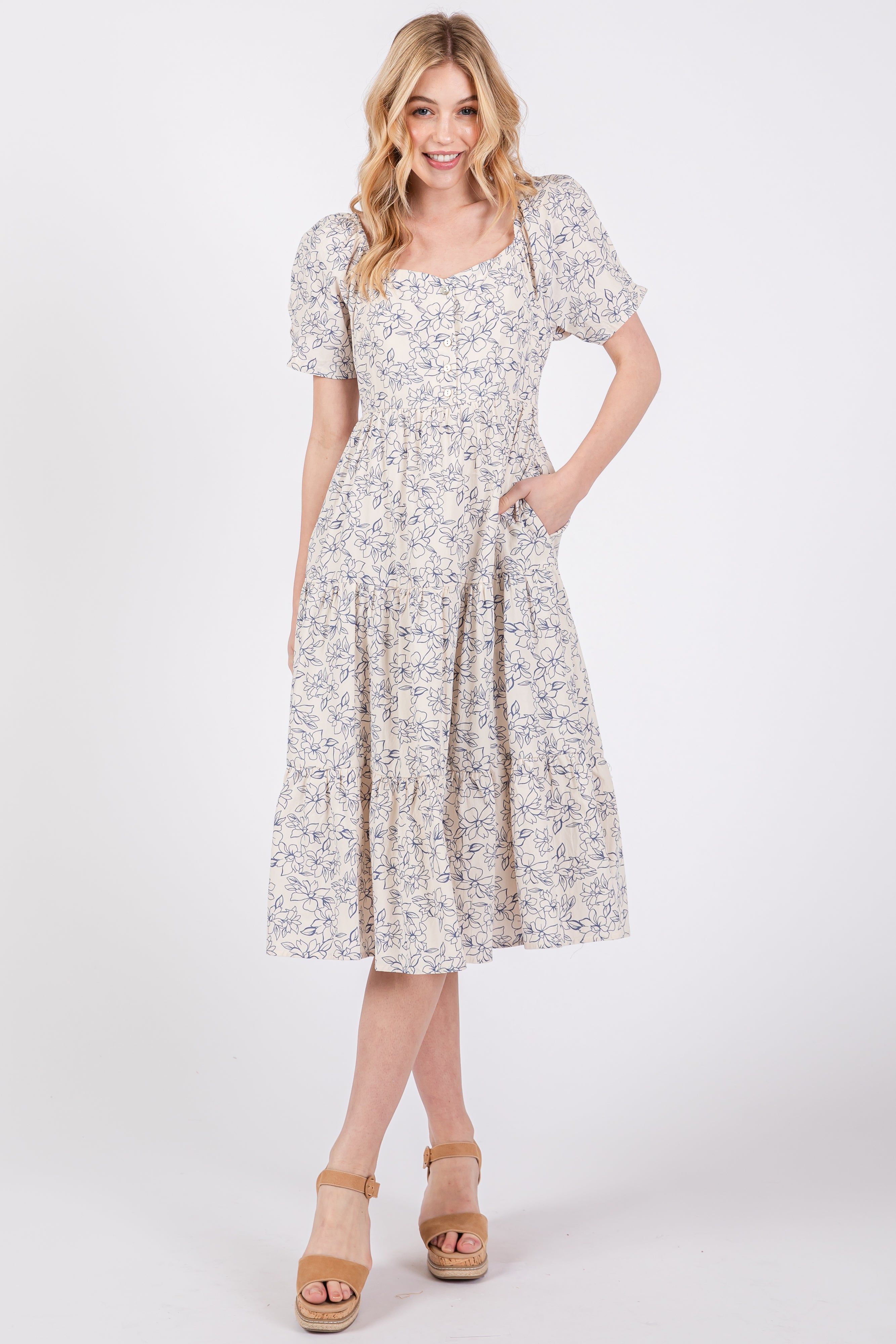 Blue Floral Square Neck Tiered Midi Dress sold by Pinkblush