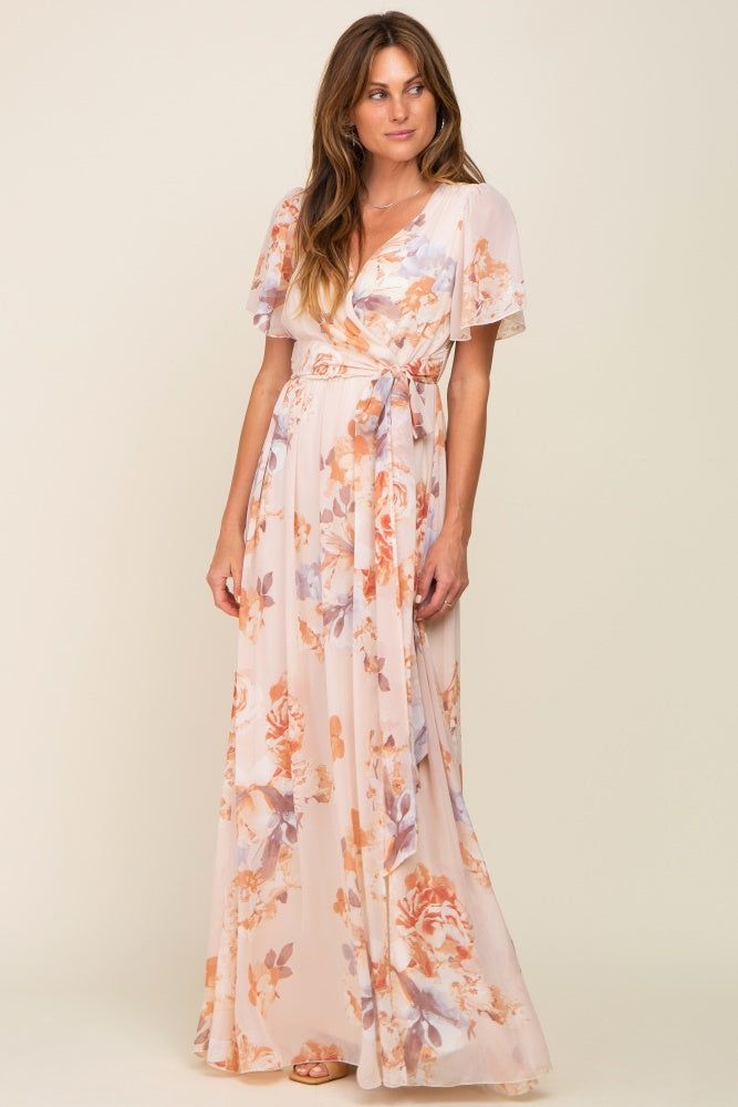 Peach Floral Chiffon V-Neck Front Slit Short Sleeve Dress sold by Pinkblush product image thumbnail 4