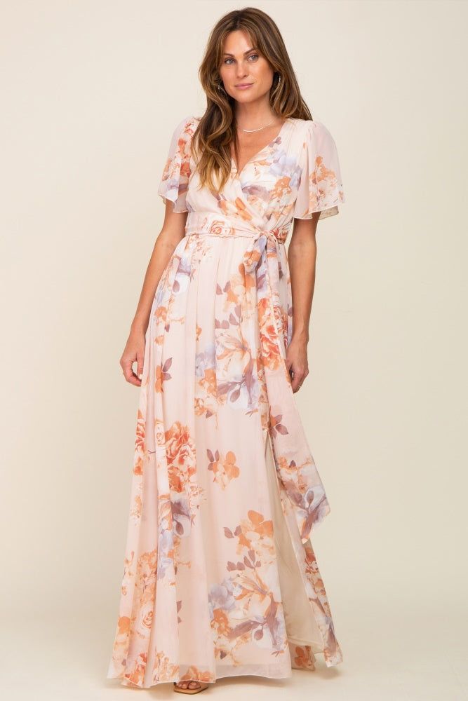 Peach Floral Chiffon V-Neck Front Slit Short Sleeve Dress sold by Pinkblush