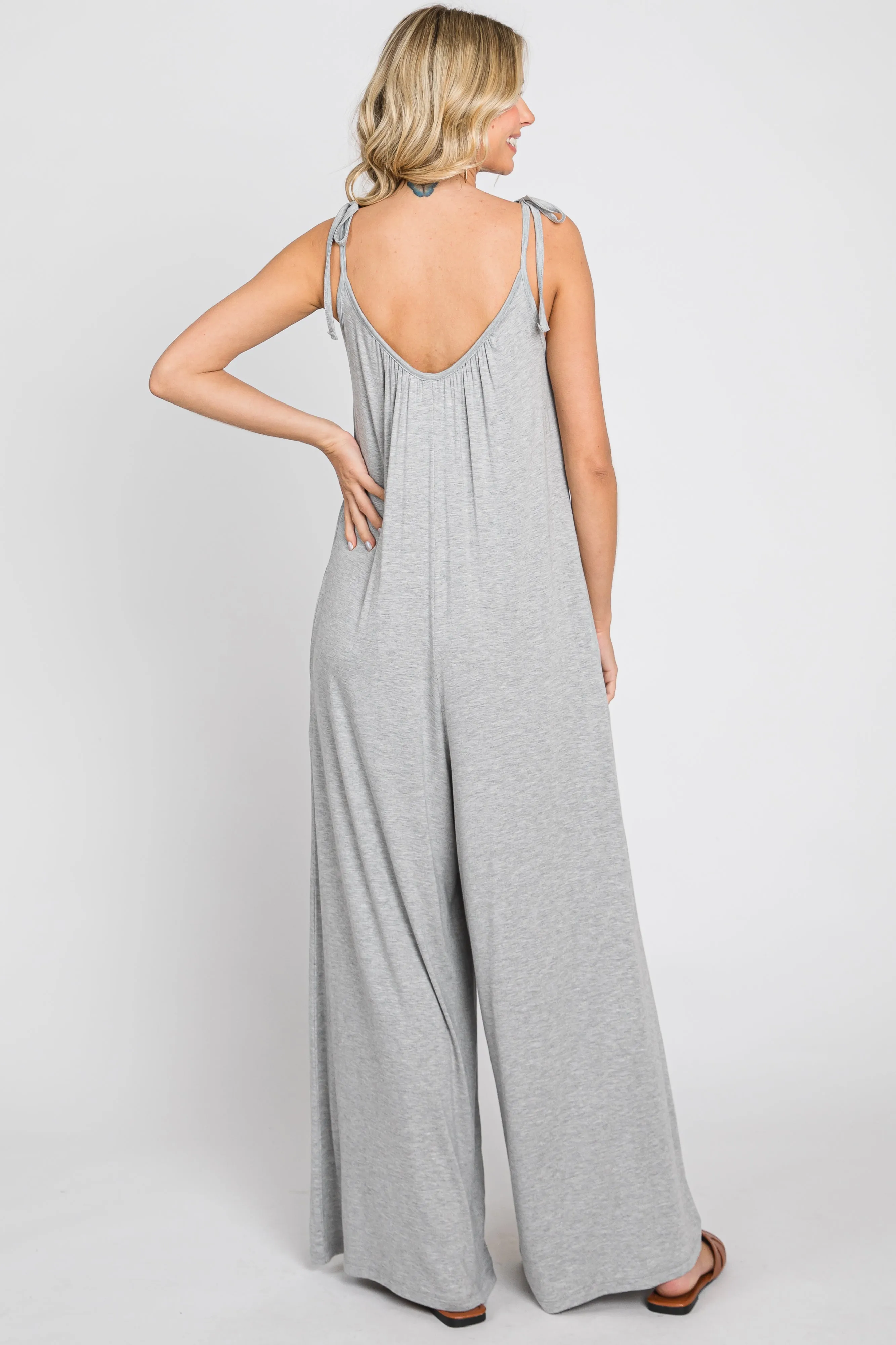 Heather Grey Shoulder Tie Soft Knit Jumpsuit sold by Pinkblush product image thumbnail 3