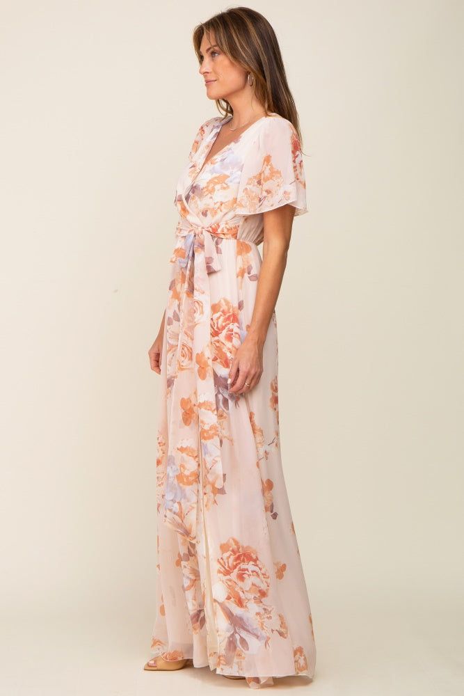 Peach Floral Chiffon V-Neck Front Slit Short Sleeve Dress sold by Pinkblush product image thumbnail 2