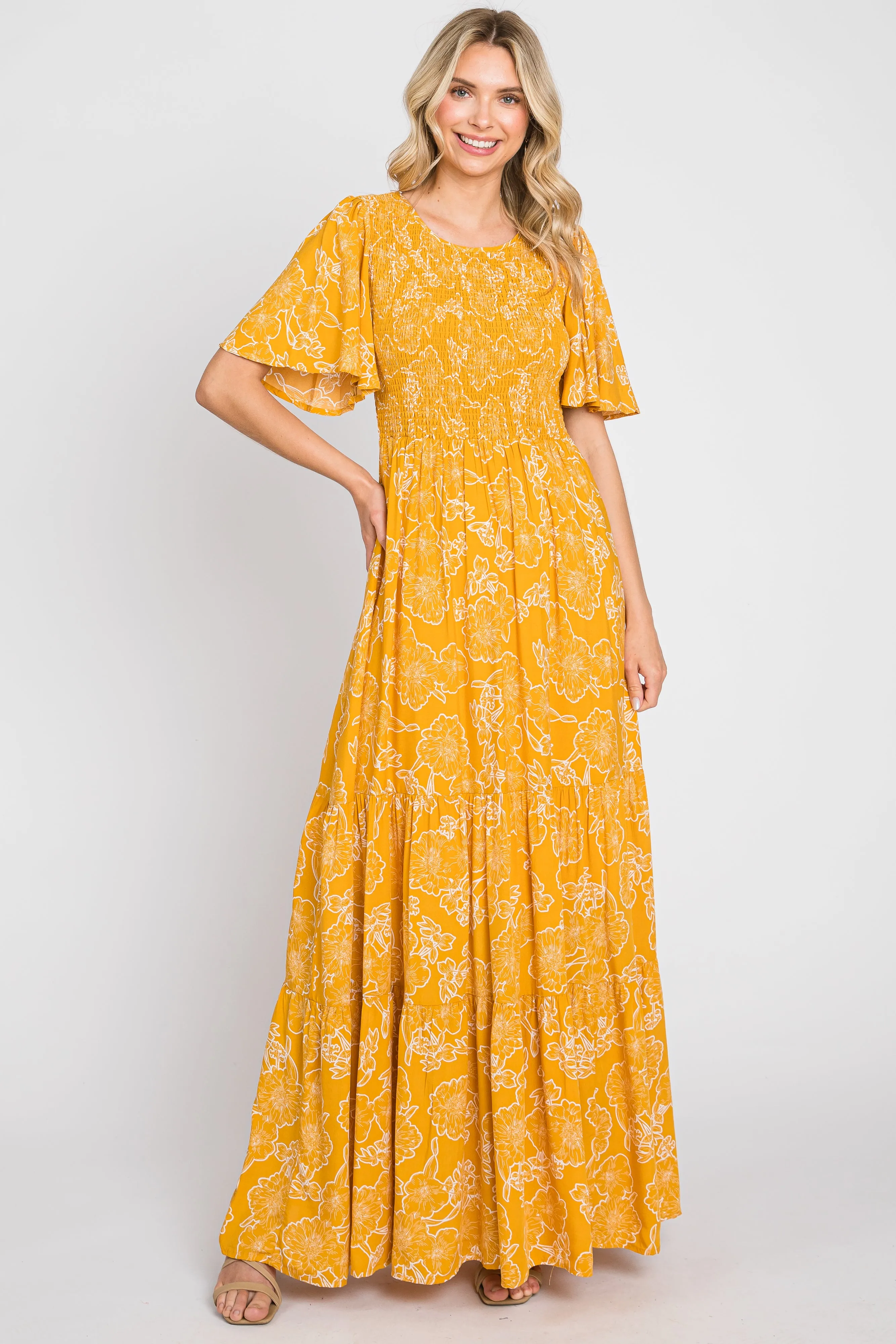 Yellow Floral Flounce Sleeve Maxi Dress sold by Pinkblush product image thumbnail 4