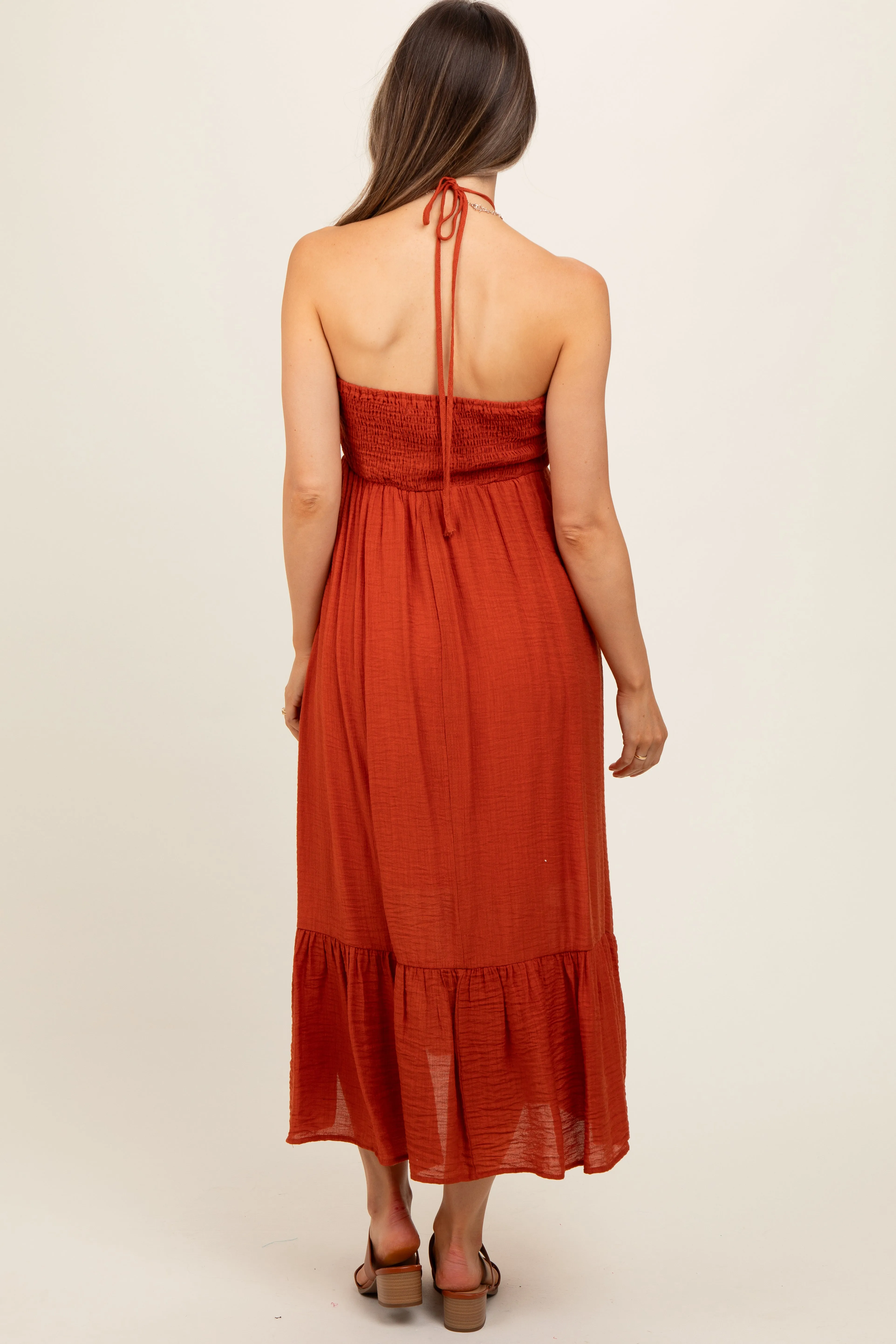 Rust Halter Maternity Midi Dress sold by Pinkblush product image thumbnail 4