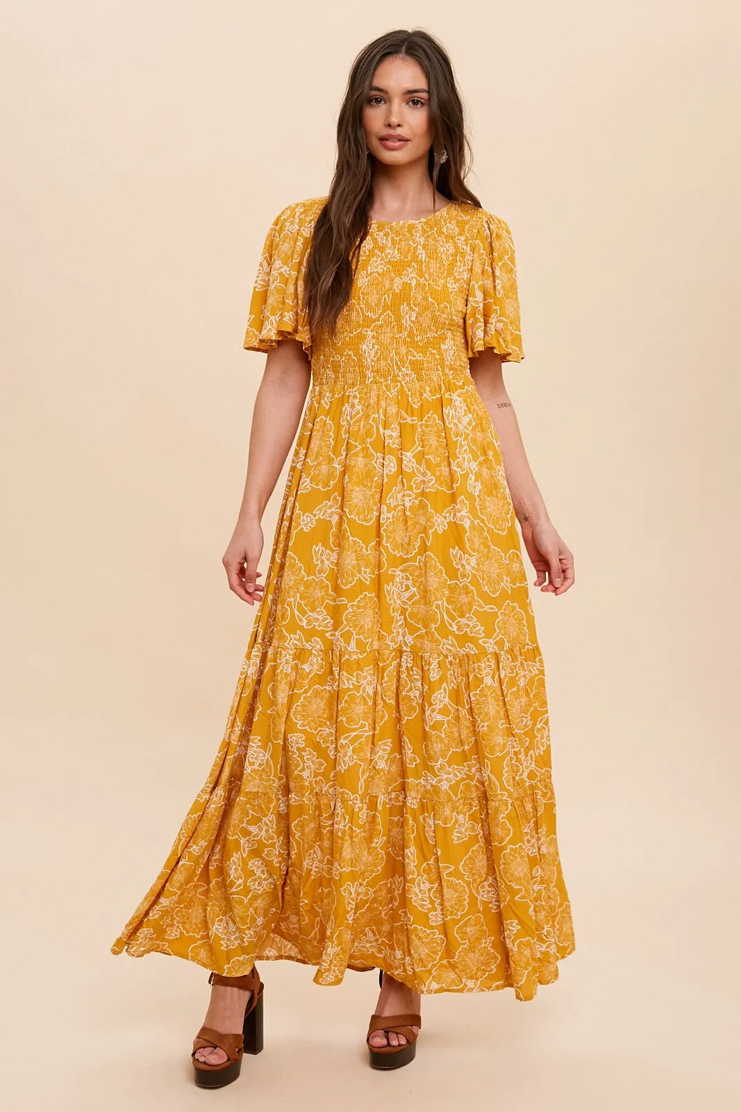 Yellow Floral Flounce Sleeve Maxi Dress sold by Pinkblush