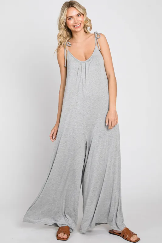 Heather Grey Shoulder Tie Soft Knit Jumpsuit sold by Pinkblush