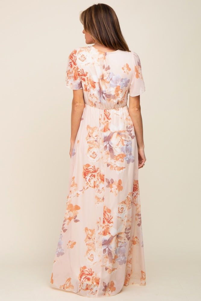 Peach Floral Chiffon V-Neck Front Slit Short Sleeve Dress sold by Pinkblush product image thumbnail 3