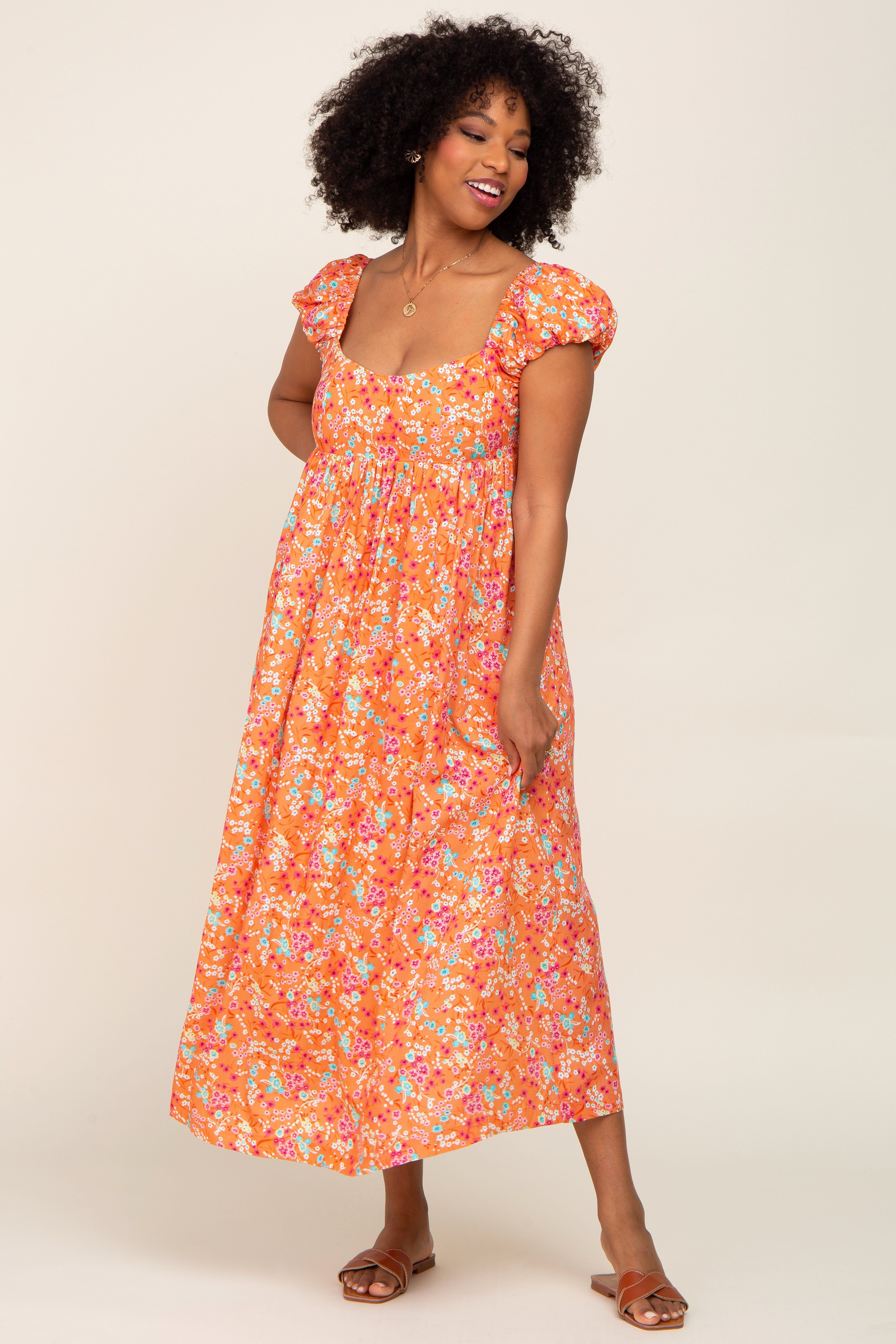 Orange Floral Back Cutout Midi Dress sold by Pinkblush product image thumbnail 2