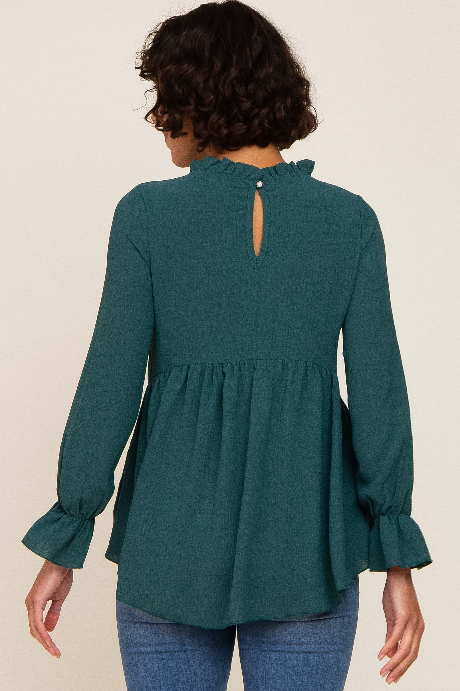Emerald Green Long Sleeve Ruffle Peplum Blouse sold by Pinkblush product image thumbnail 3