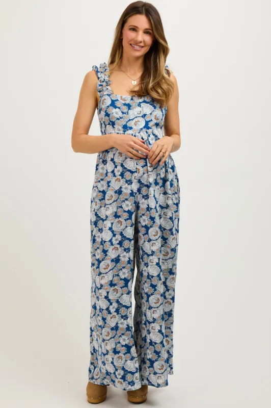 Blue Floral Sleeveless Tie Back Maternity Jumpsuit sold by Pinkblush