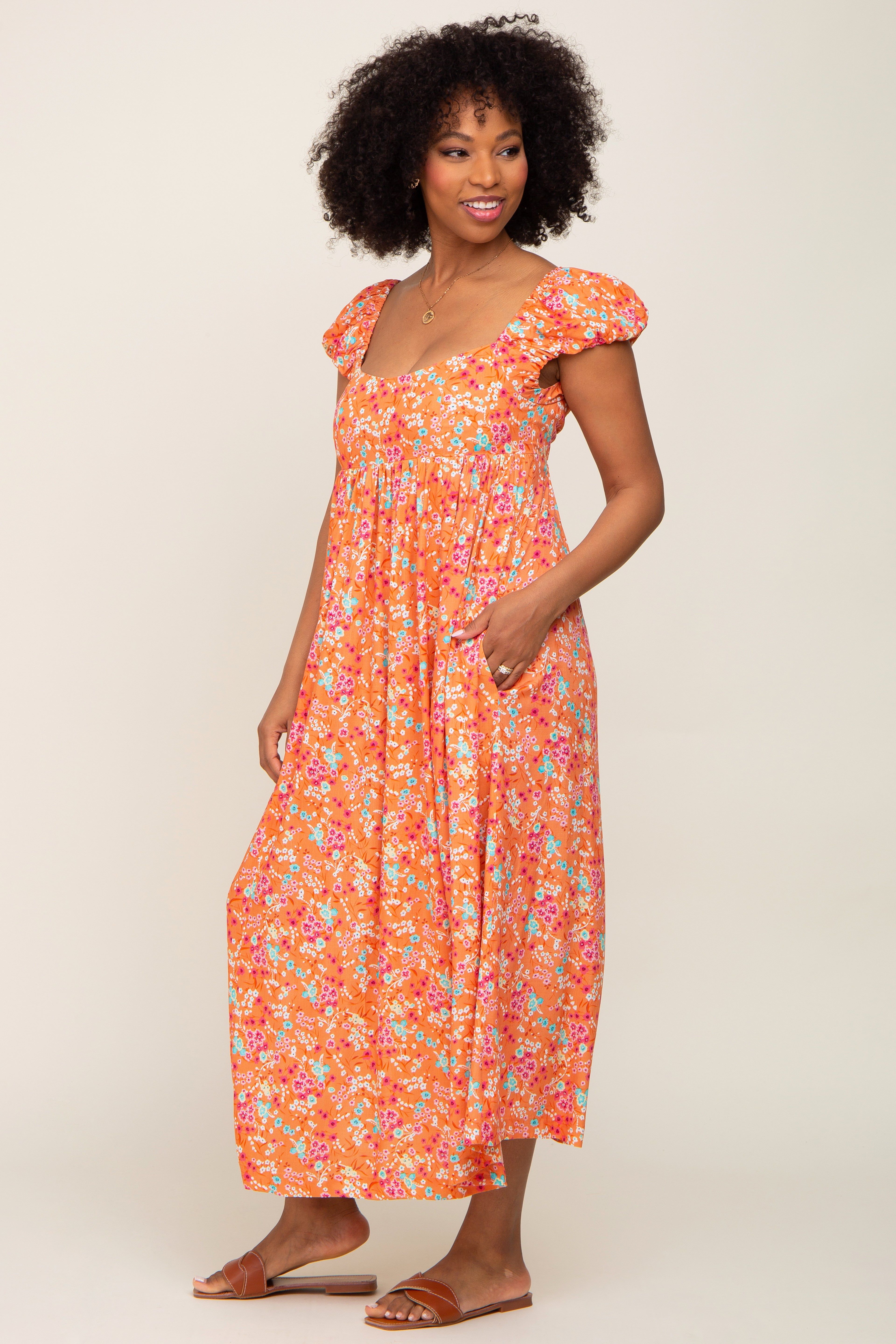 Orange Floral Back Cutout Midi Dress sold by Pinkblush product image thumbnail 3