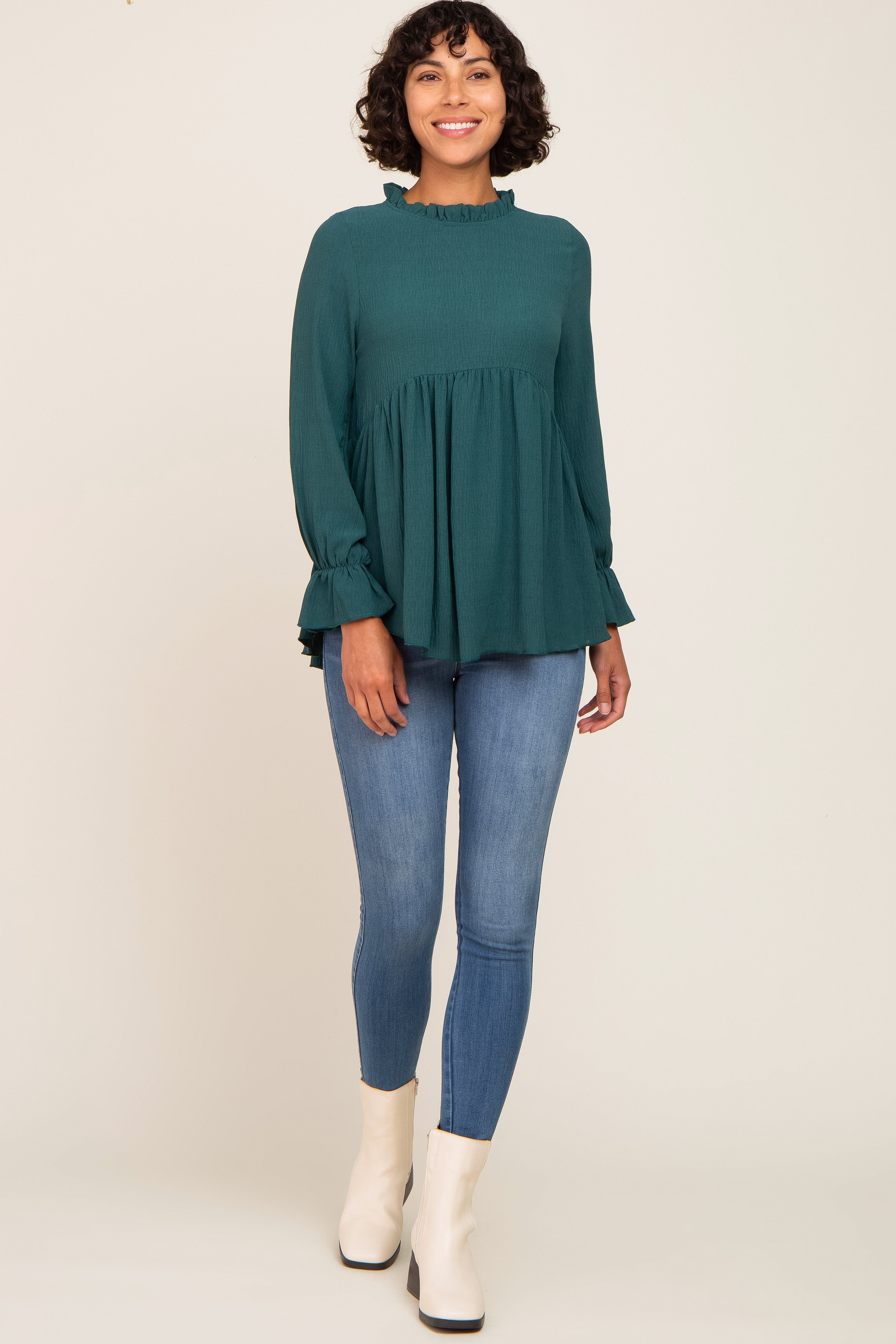 Emerald Green Long Sleeve Ruffle Peplum Blouse sold by Pinkblush product image thumbnail 4