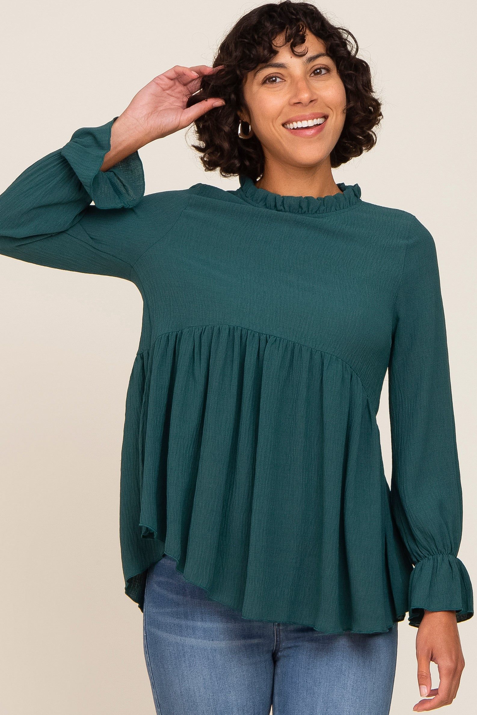 Emerald Green Long Sleeve Ruffle Peplum Blouse sold by Pinkblush