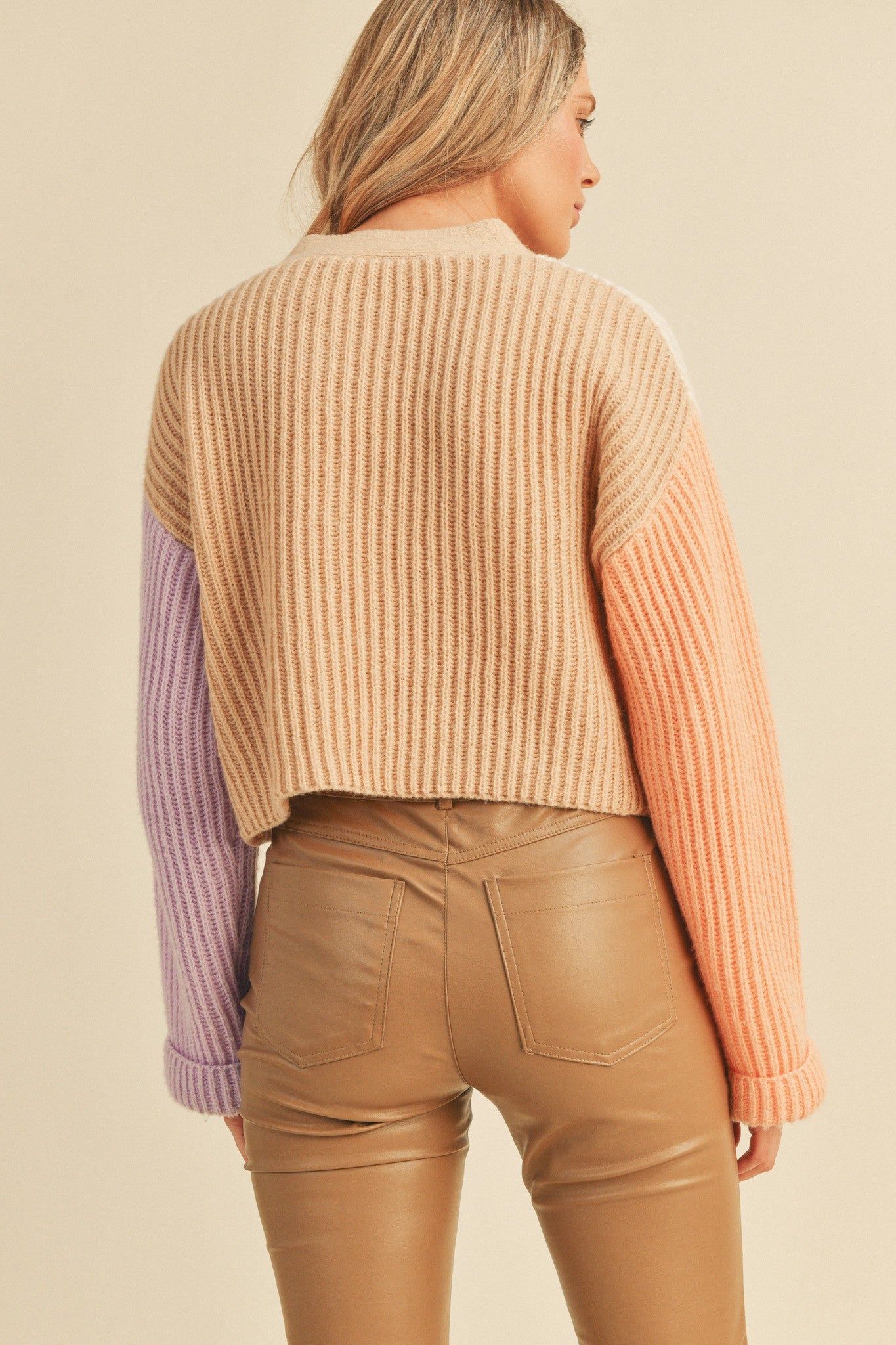 Beige Multi Color Block Knit Sweater Cardigan sold by Pinkblush product image thumbnail 3