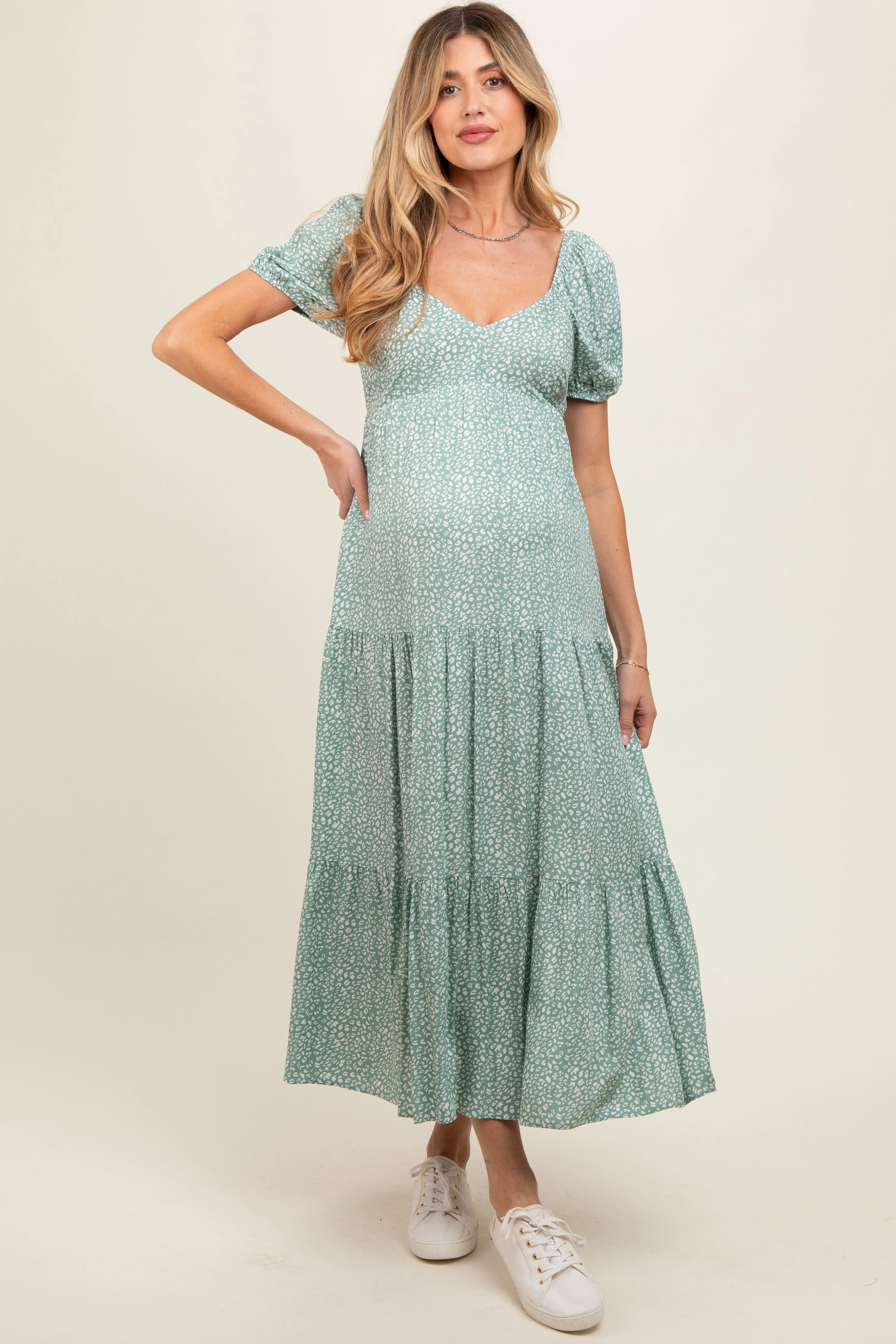 Mint Green Animal Print Tiered Maternity Midi Dress sold by Pinkblush product image thumbnail 2