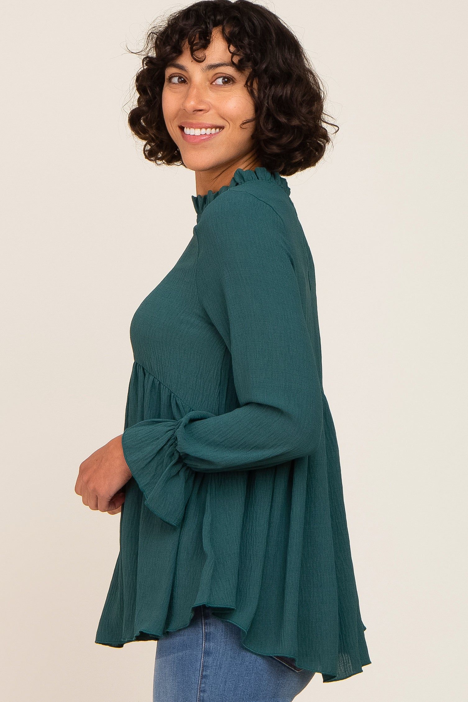 Emerald Green Long Sleeve Ruffle Peplum Blouse sold by Pinkblush product image thumbnail 2