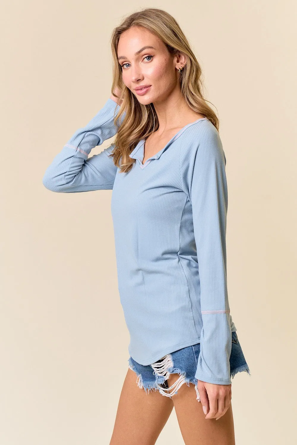 Blue V-Neck Long Sleeve Shirt sold by Pinkblush product image thumbnail 2