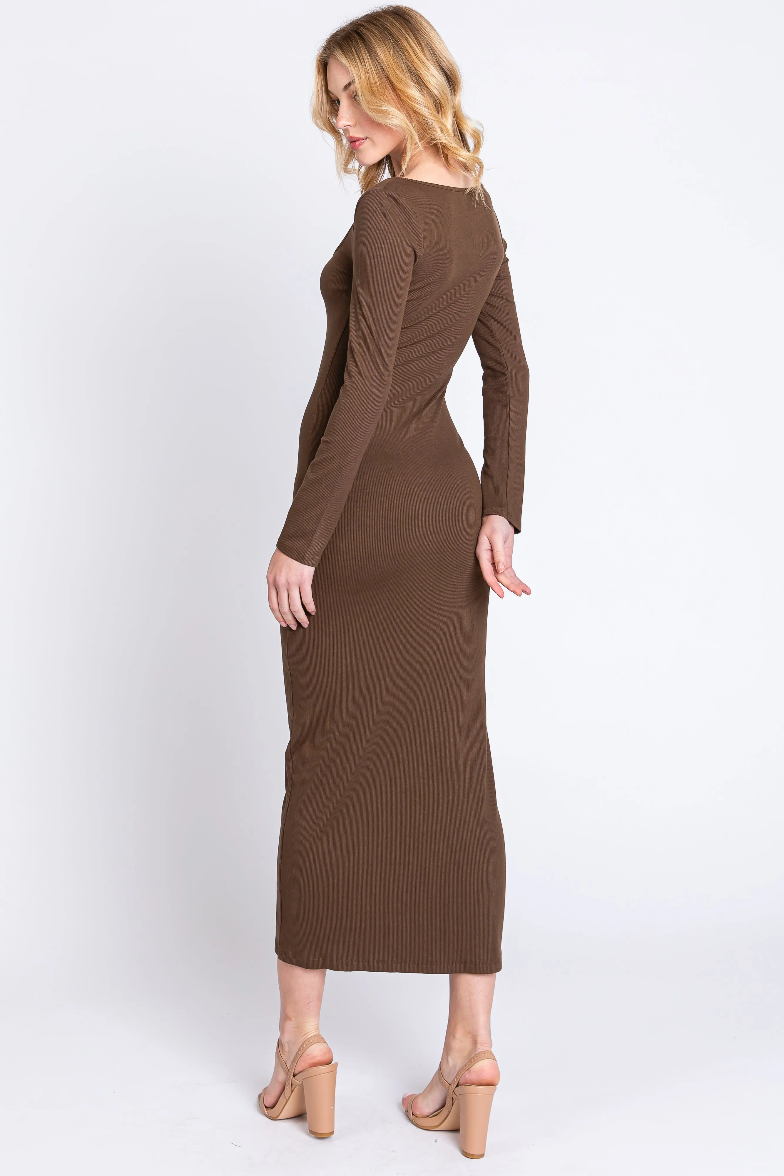 Brown Ribbed Scoop Neck Midi Dress sold by Pinkblush product image thumbnail 3