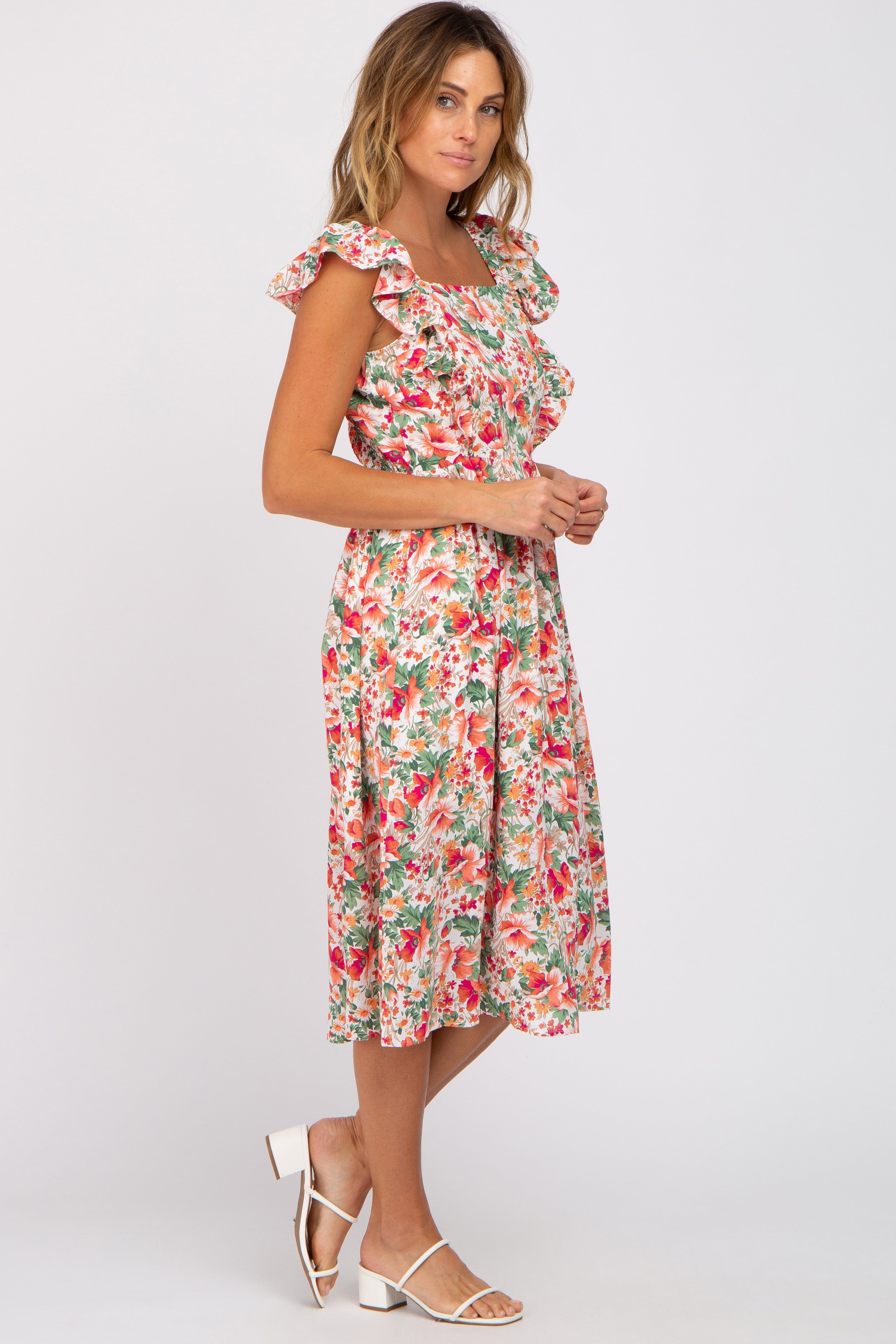 Ivory Floral Ruffle Accent Midi Dress sold by Pinkblush product image thumbnail 2