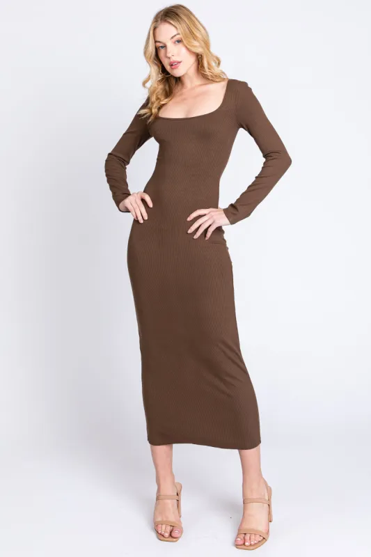 Brown Ribbed Scoop Neck Midi Dress sold by Pinkblush