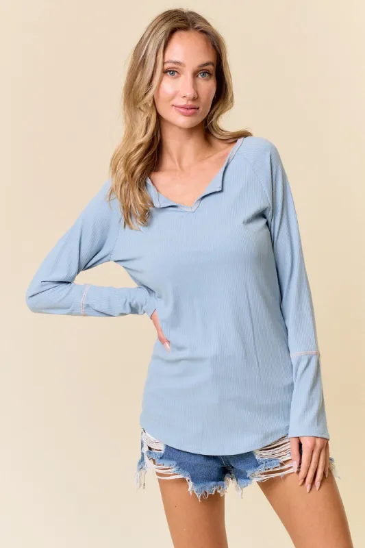 Blue V-Neck Long Sleeve Shirt sold by Pinkblush