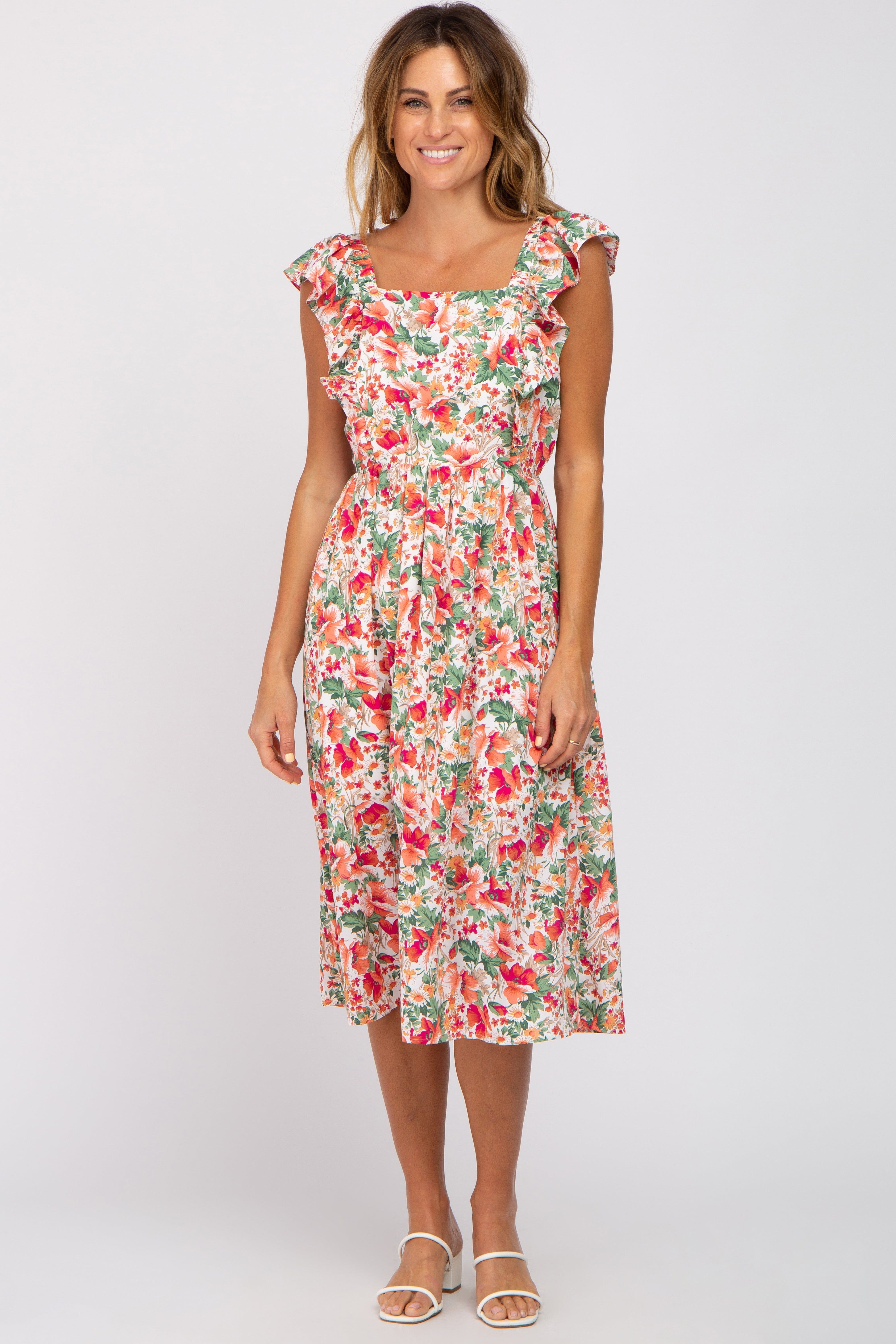 Ivory Floral Ruffle Accent Midi Dress sold by Pinkblush